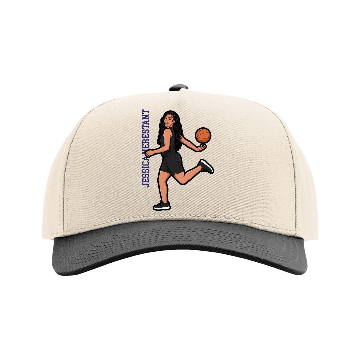 Full Fabric Five-Panel Champ Cap — Name Vertical in Cream/Black
