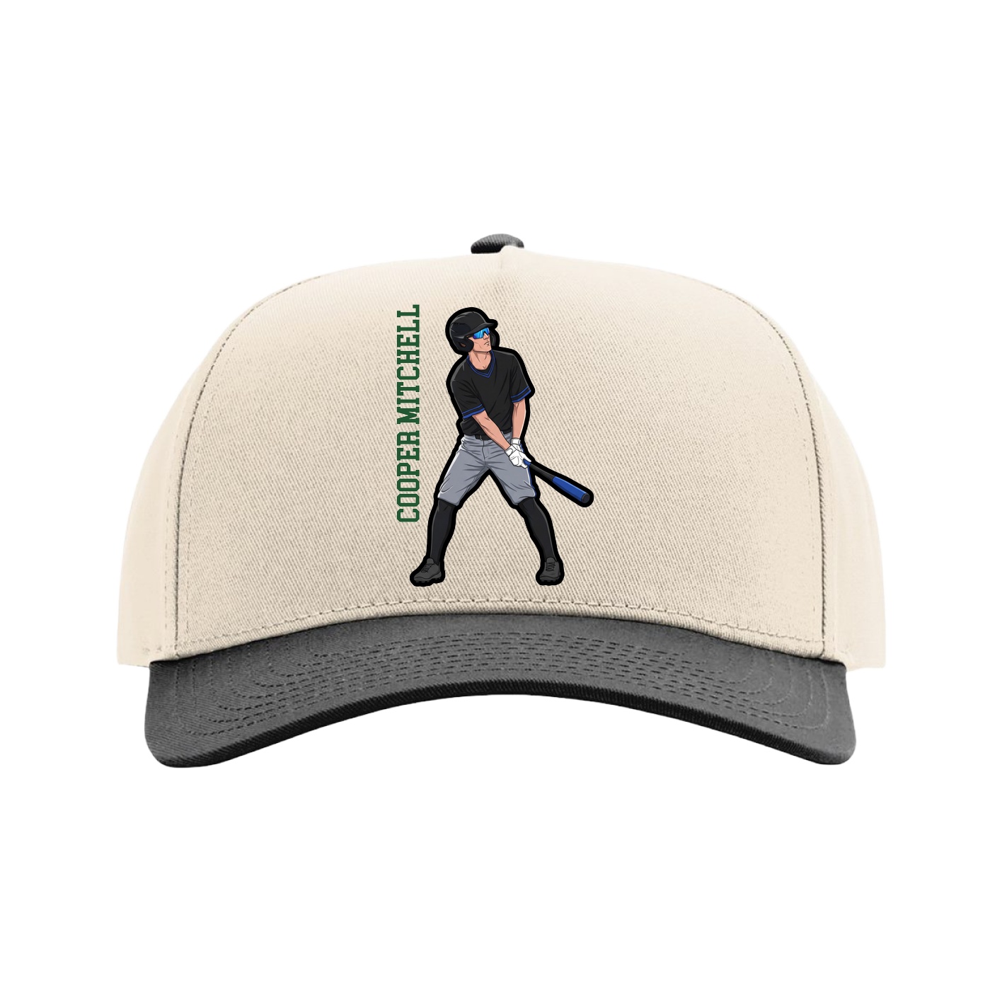 Full Fabric Five-Panel Champ Cap — Name Vertical in Cream/Black