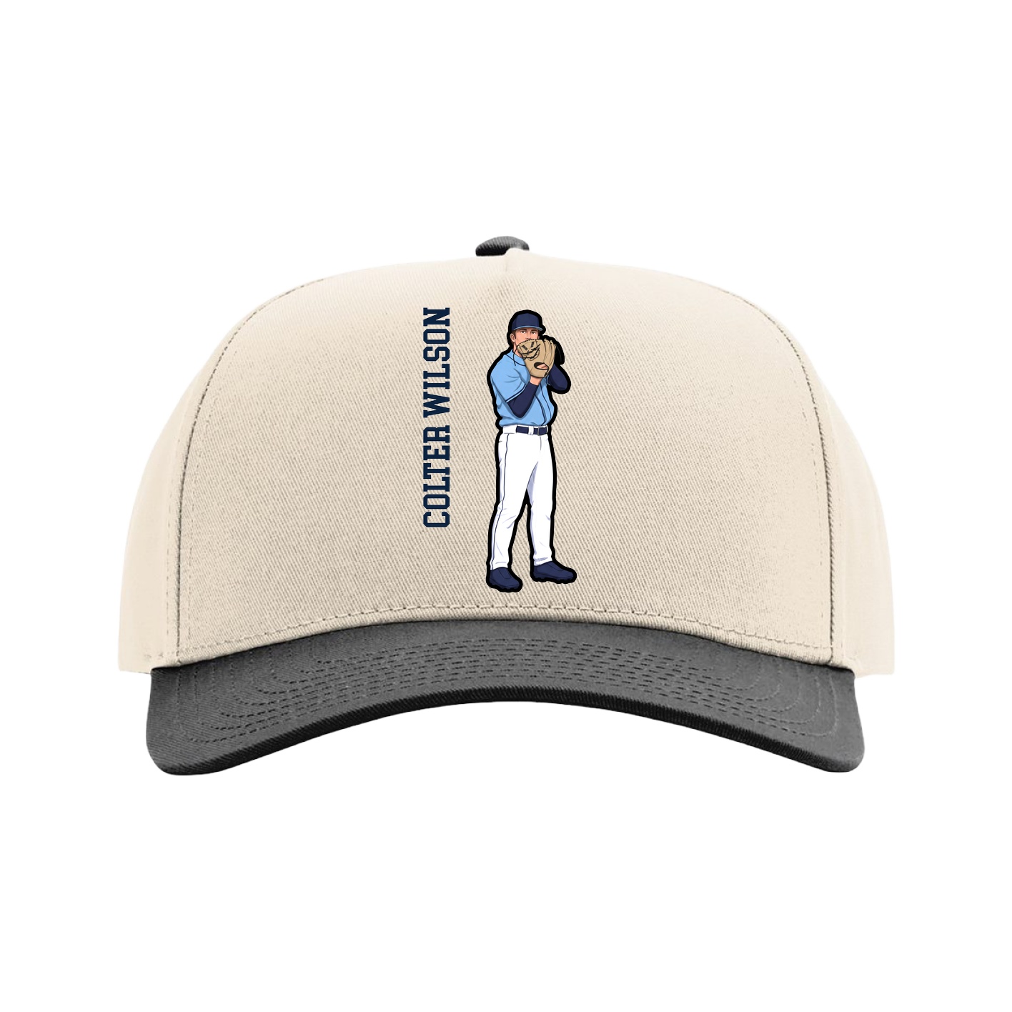 Full Fabric Five-Panel Champ Cap — Name Vertical in Cream/Black
