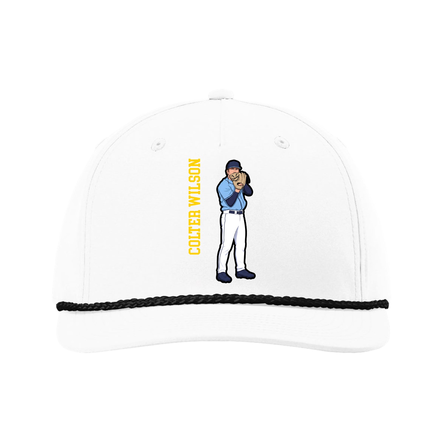 Five-Panel Classic Rope Cap — Name Vertical in White