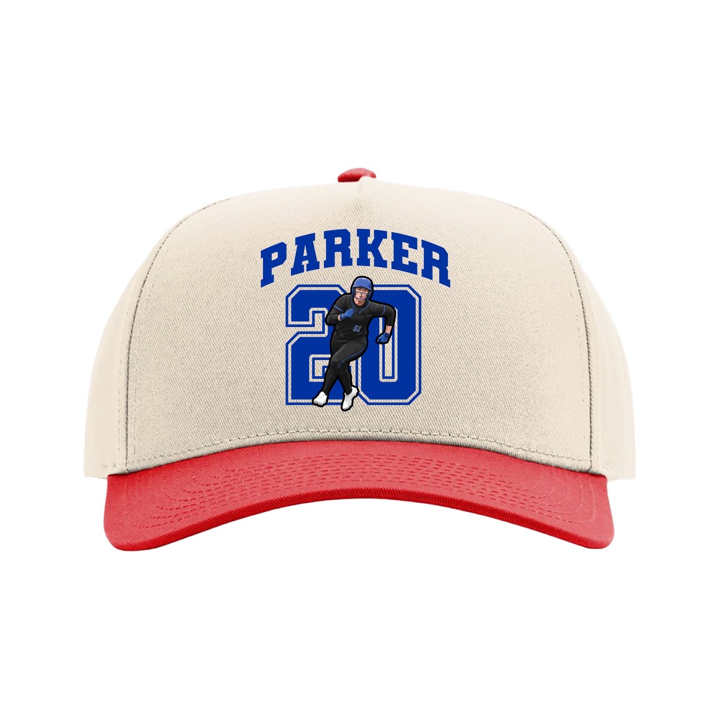 Full Fabric Five-Panel Champ Cap — Number in Cream/Red