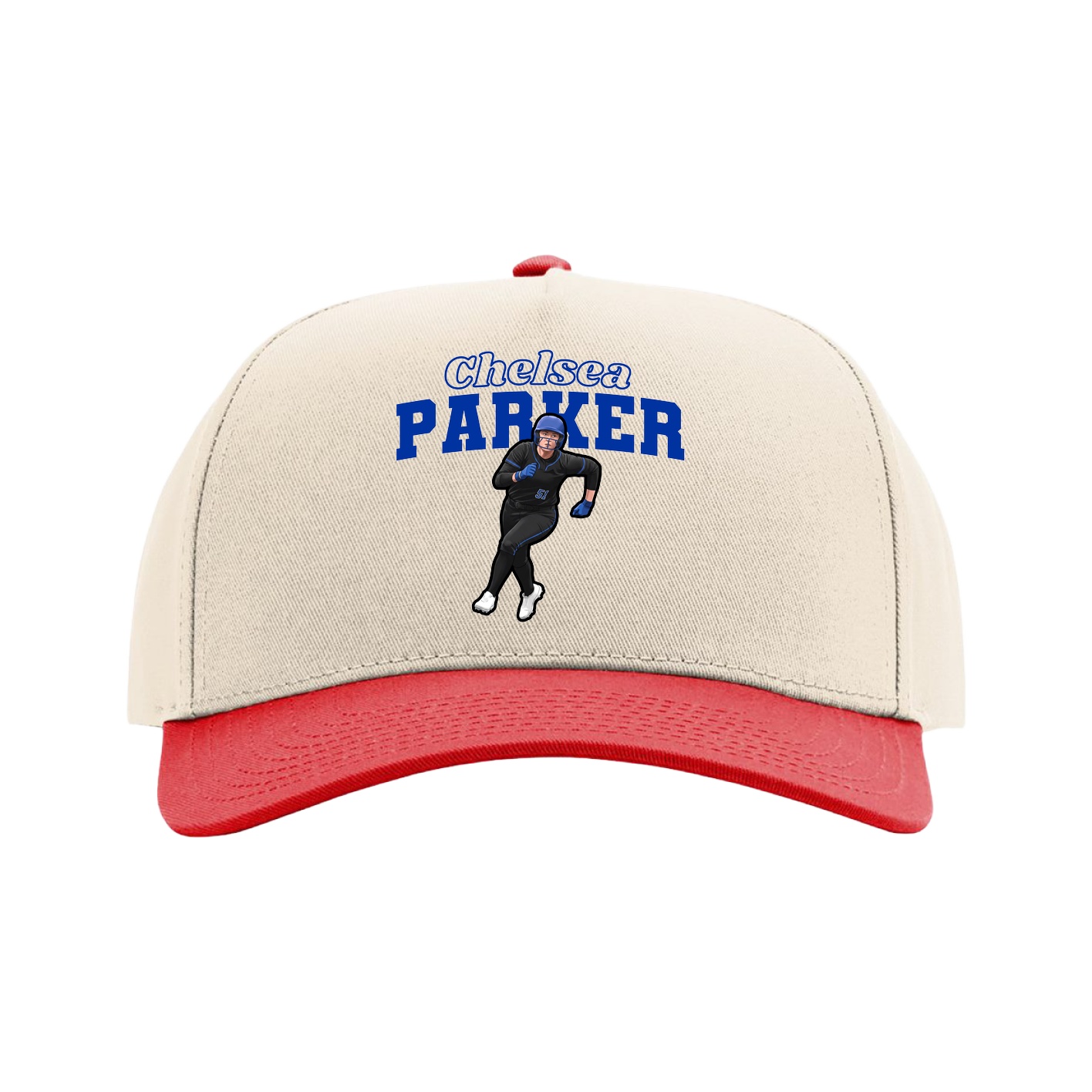 Full Fabric Five-Panel Champ Cap — Name Arch in Cream/Red