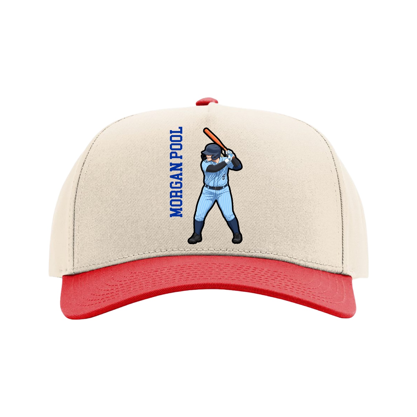 Full Fabric Five-Panel Champ Cap — Name Vertical in Cream/Red