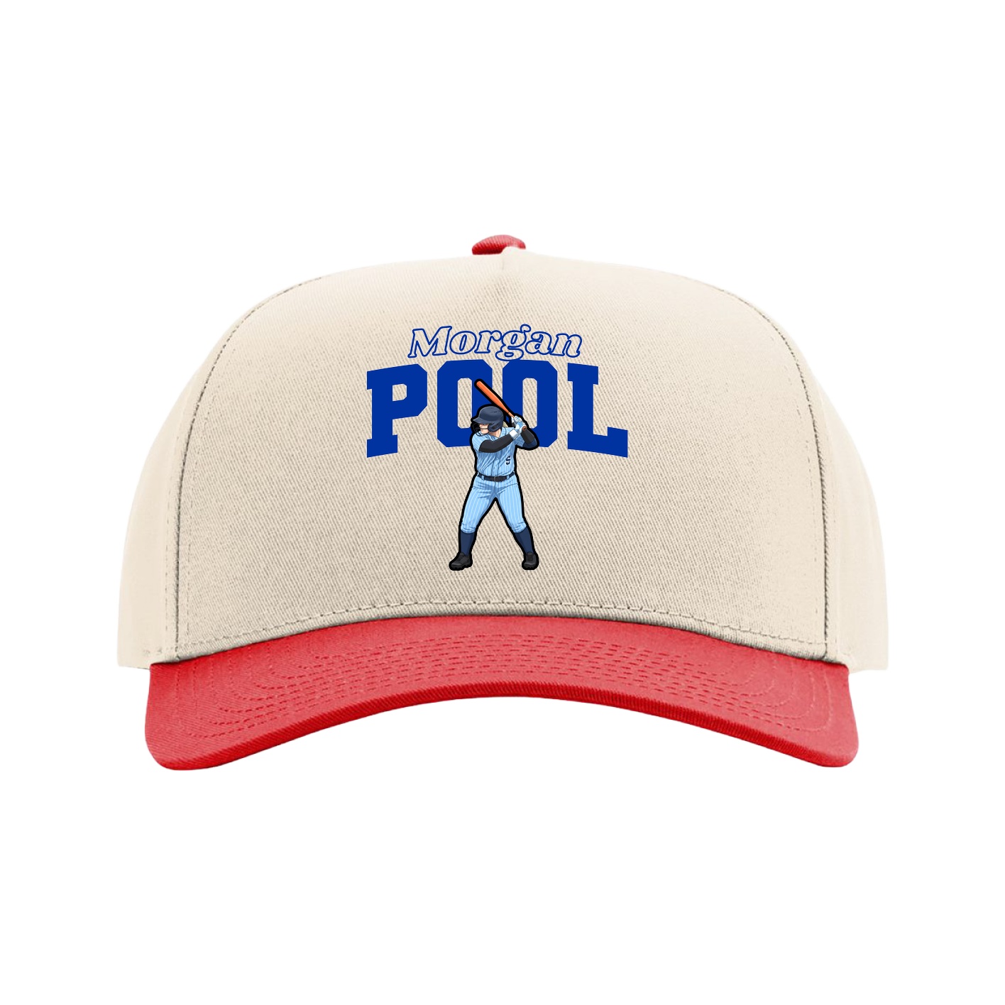 Full Fabric Five-Panel Champ Cap — Name Arch in Cream/Red