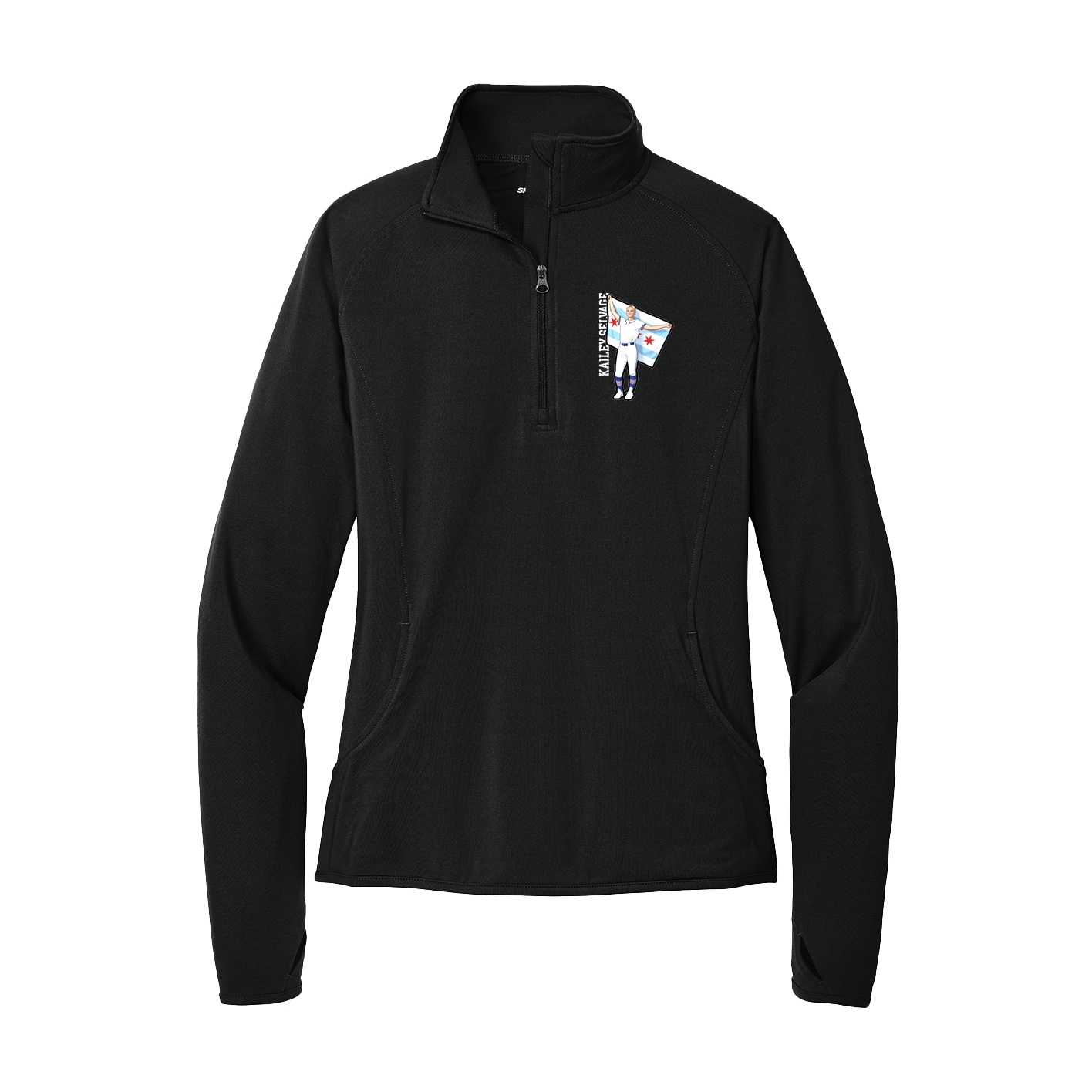 Women's Q-Zip Pullover — Name Vertical in Black