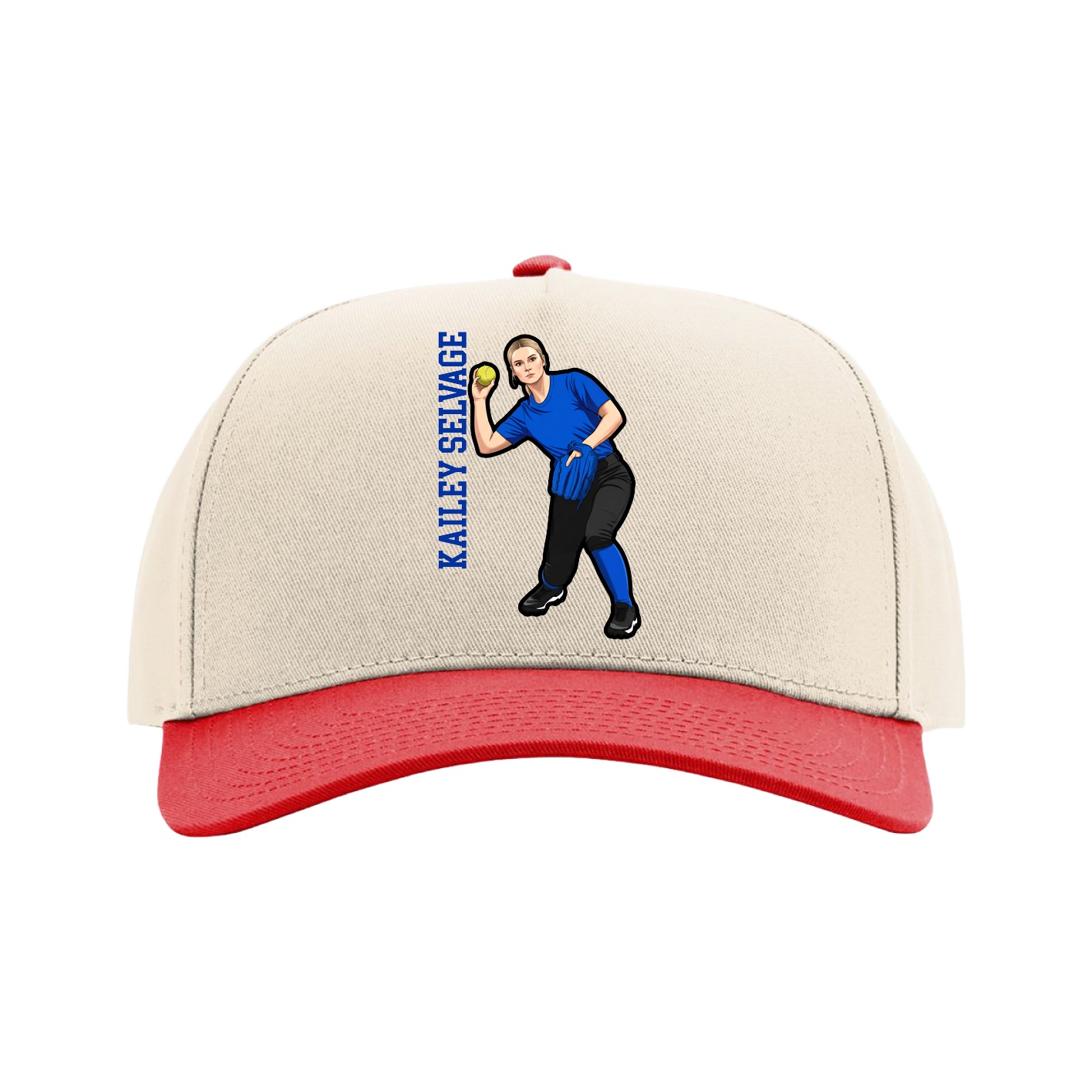 Full Fabric Five-Panel Champ Cap — Name Vertical in Cream/Red