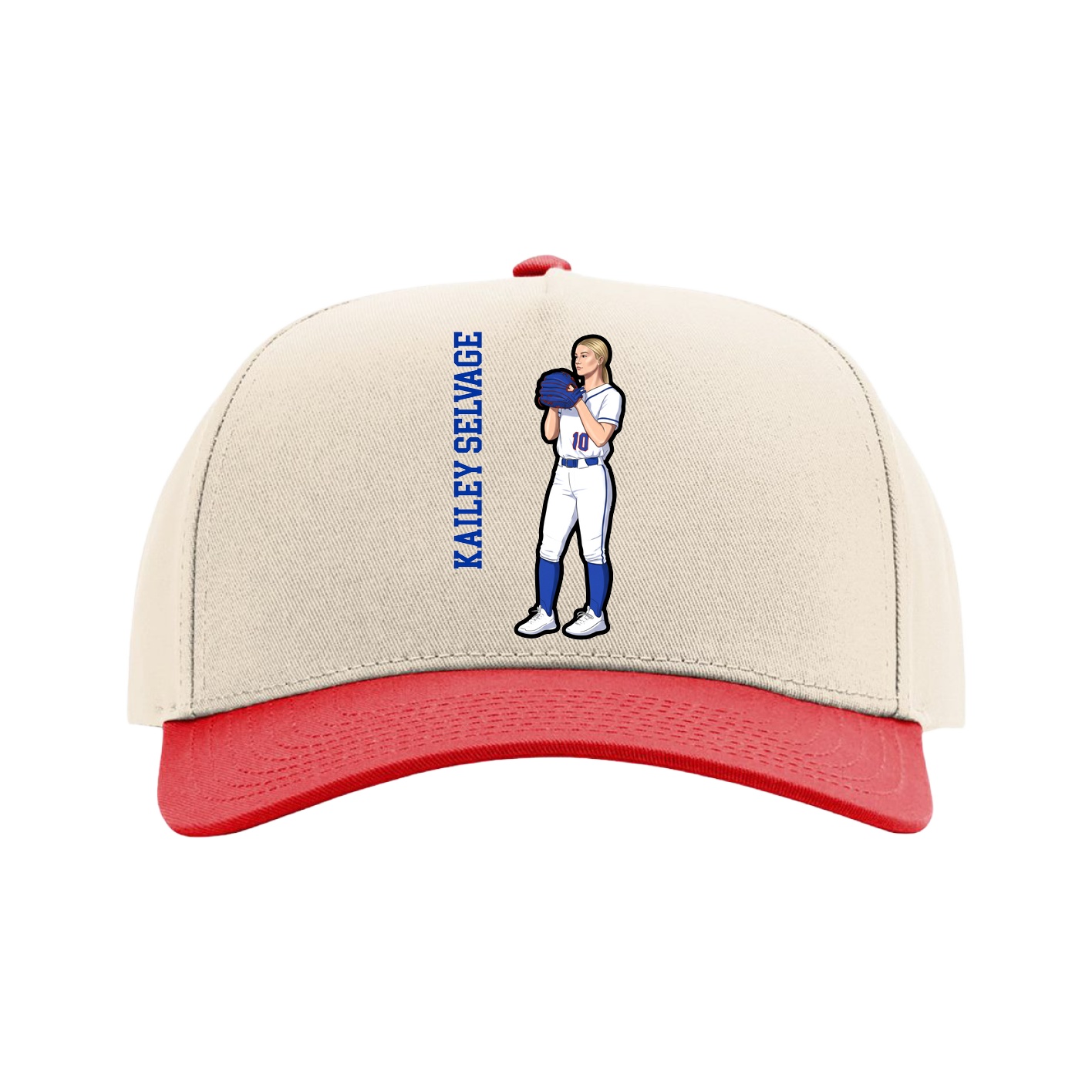 Full Fabric Five-Panel Champ Cap — Name Vertical in Cream/Red