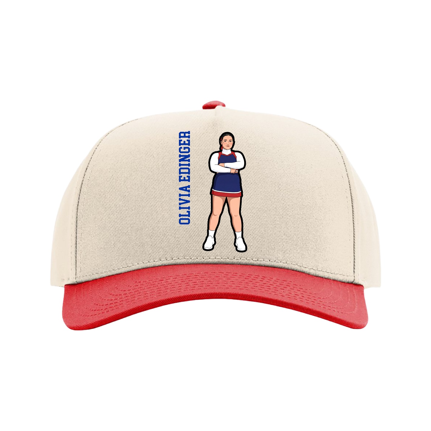 Full Fabric Five-Panel Champ Cap — Name Vertical in Cream/Red