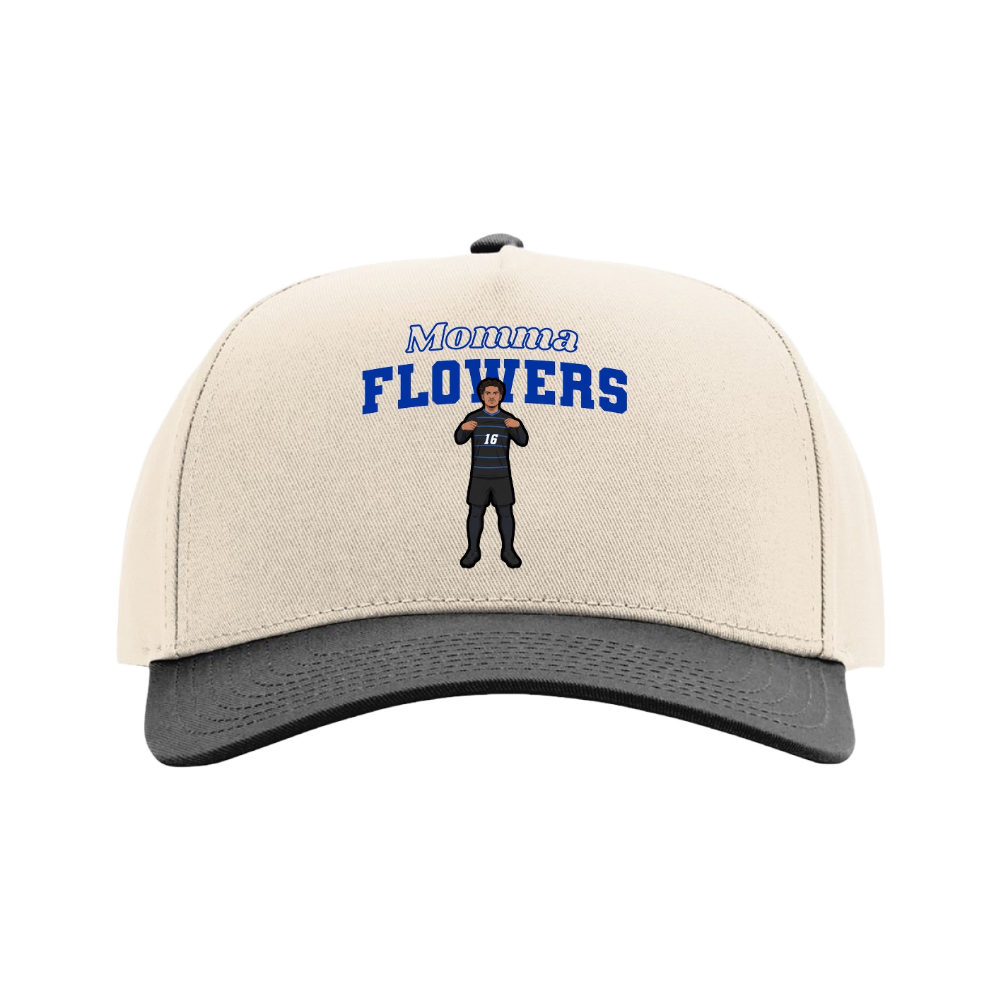 Full Fabric Five-Panel Champ Cap — Mothers Day Block in Cream/Black