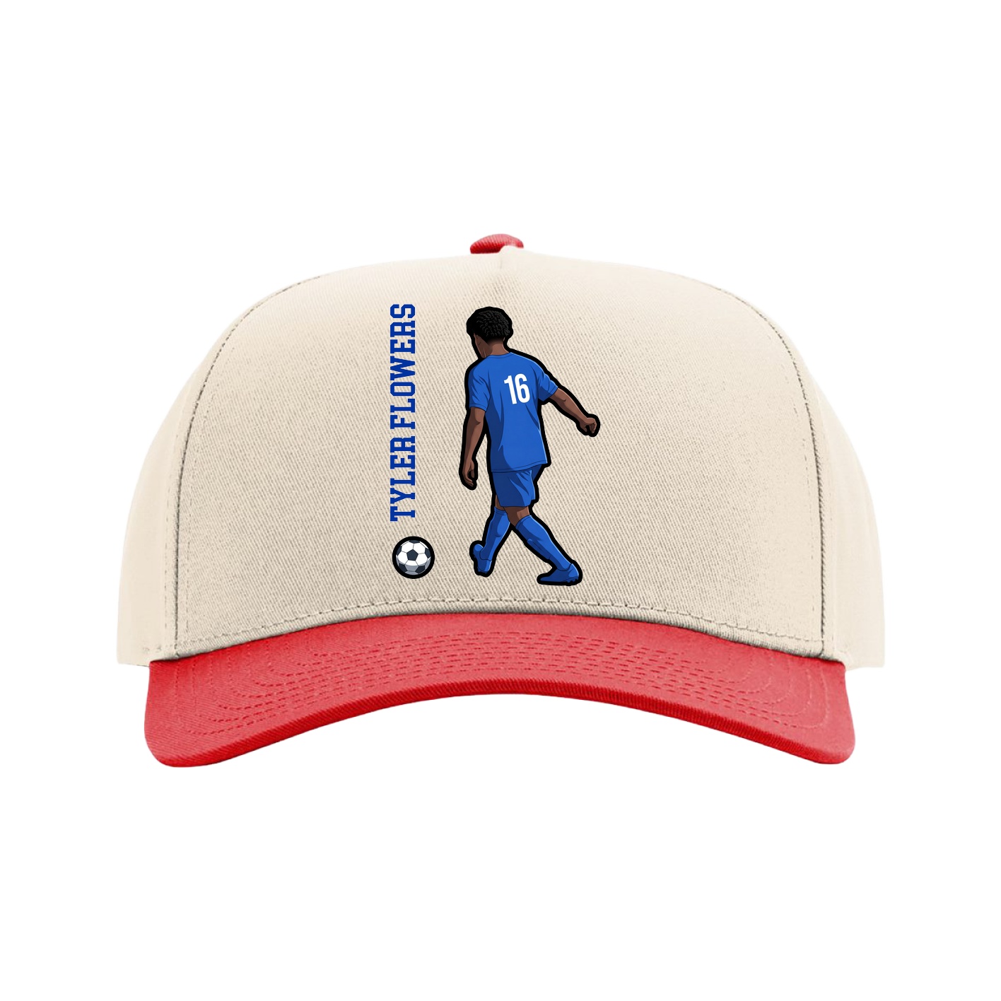 Full Fabric Five-Panel Champ Cap — Name Vertical in Cream/Red
