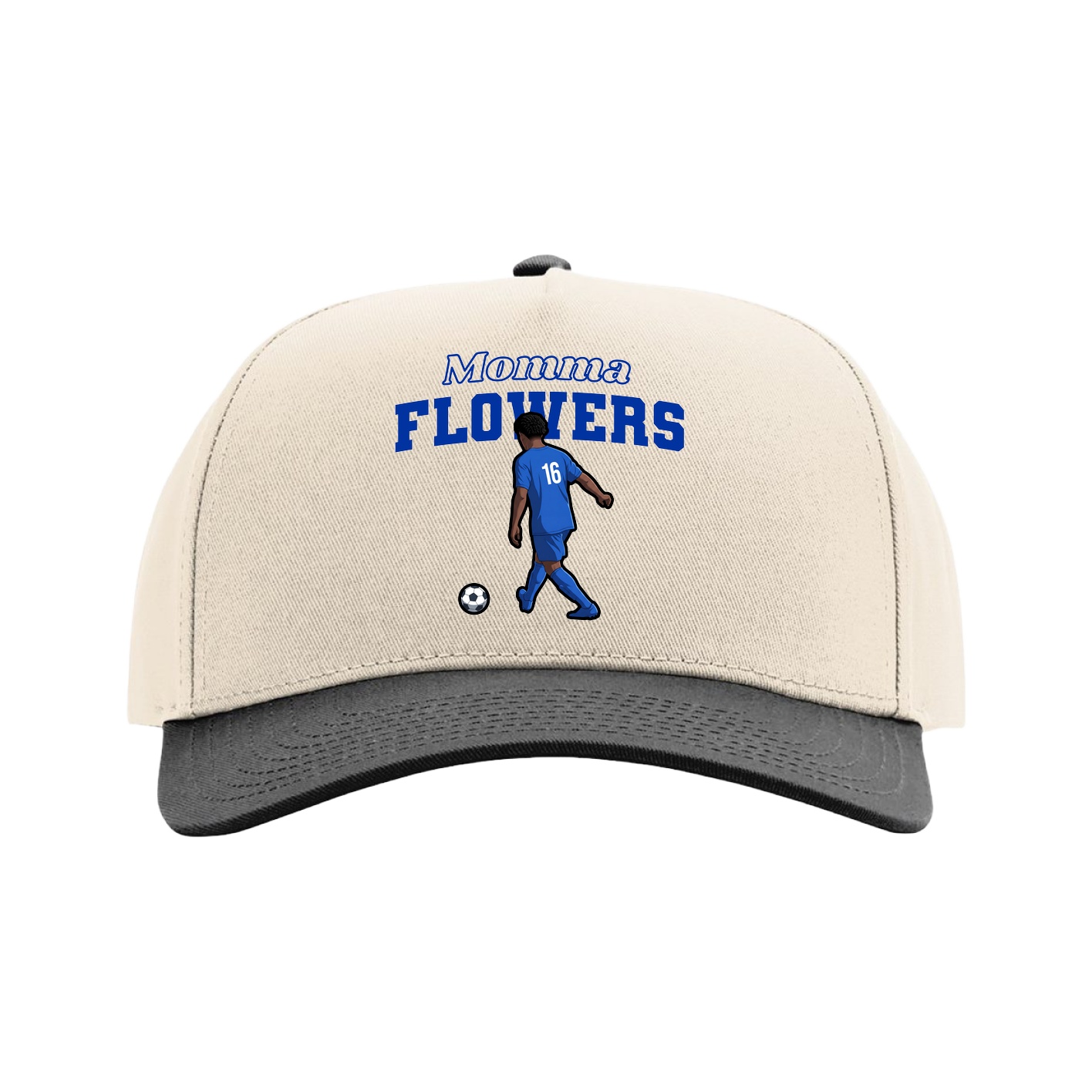 Full Fabric Five-Panel Champ Cap — Mothers Day Block in Cream/Black