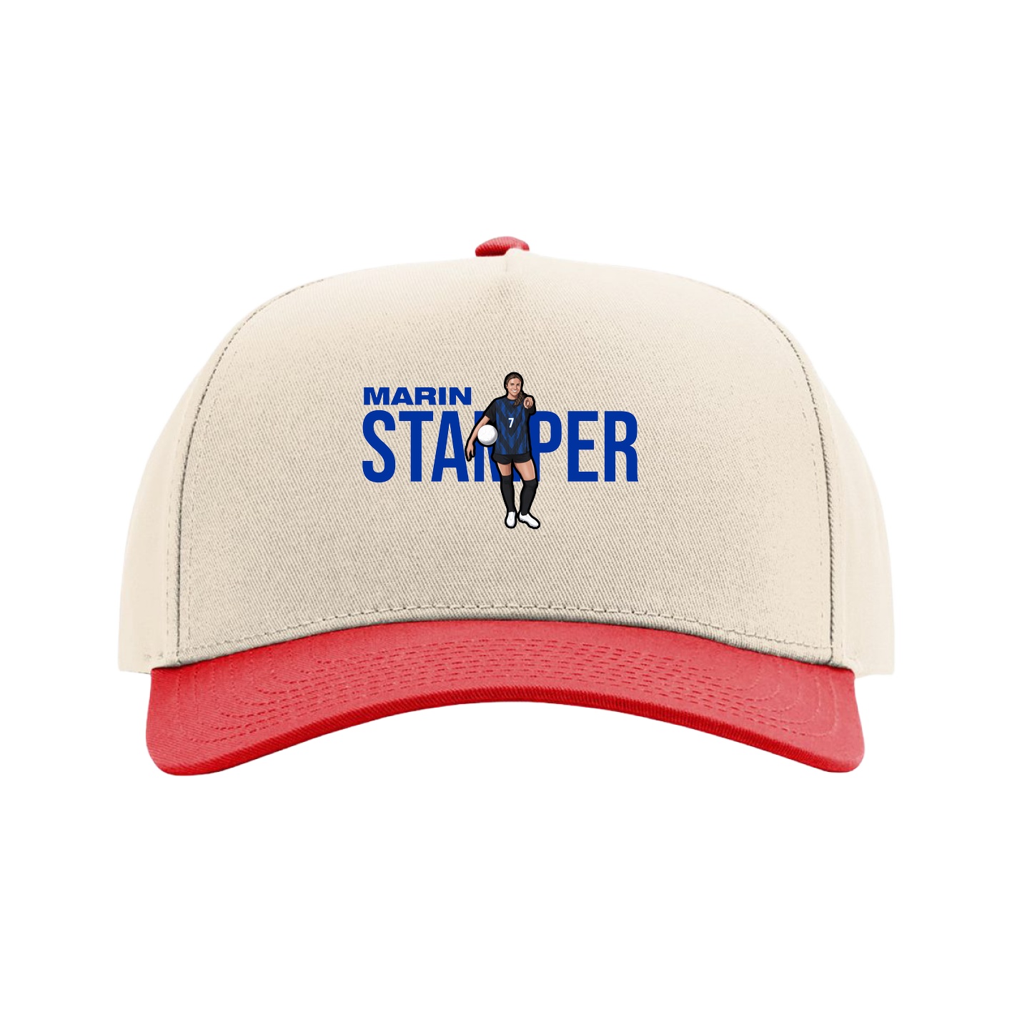 Full Fabric Five-Panel Champ Cap — Player Name in Cream/Red