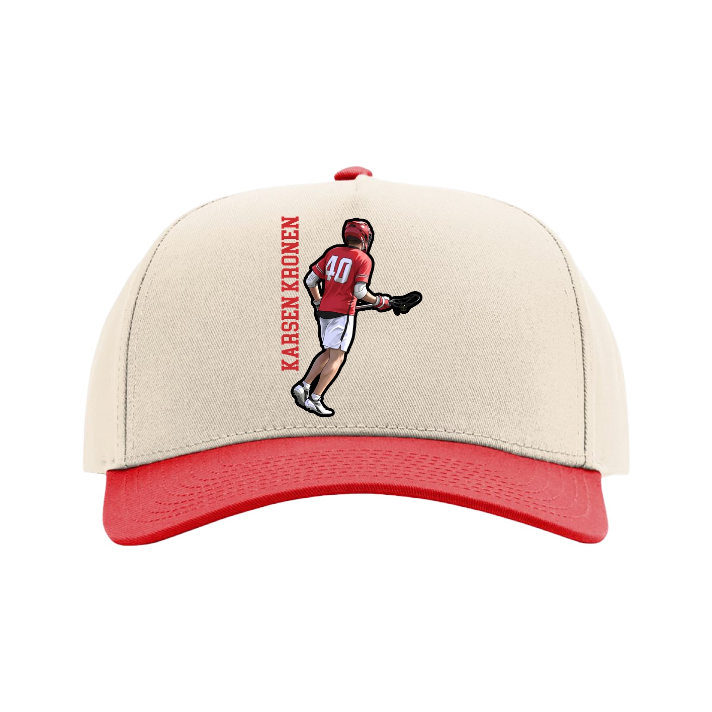 Full Fabric Five-Panel Champ Cap — Name Vertical in Cream/Red