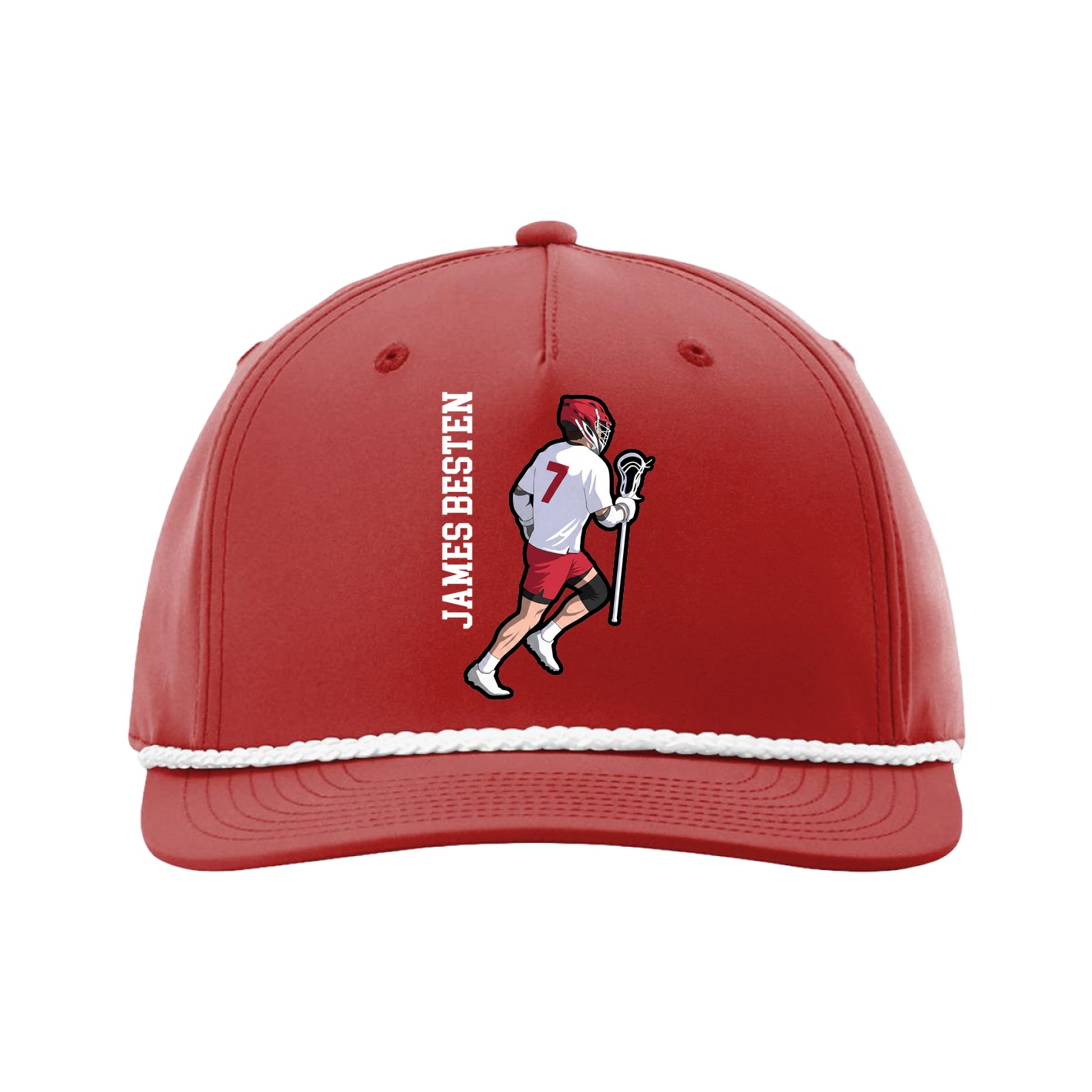 Five-Panel Classic Rope Cap — Name Vertical in Red