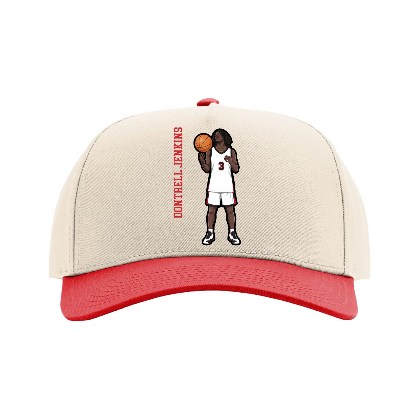 Full Fabric Five-Panel Champ Cap — Name Vertical in Cream/Red