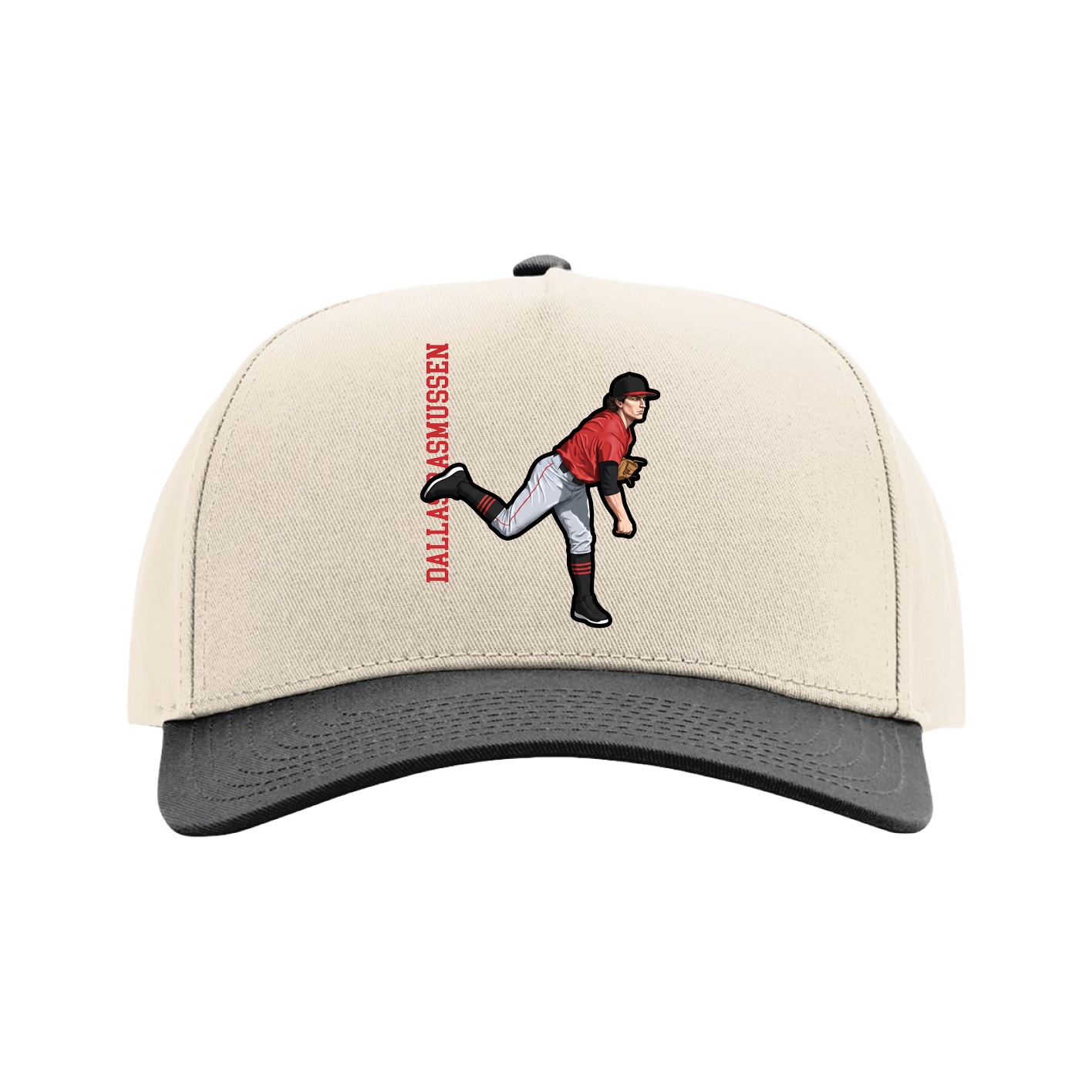 Full Fabric Five-Panel Champ Cap — Name Vertical in Cream/Black