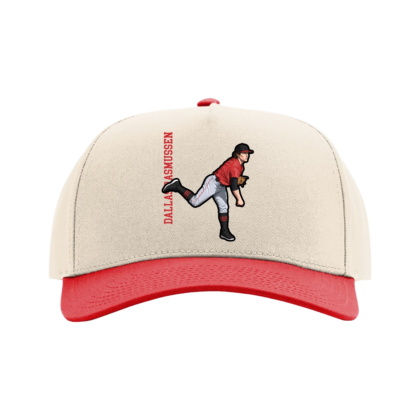 Full Fabric Five-Panel Champ Cap — Name Vertical in Cream/Red
