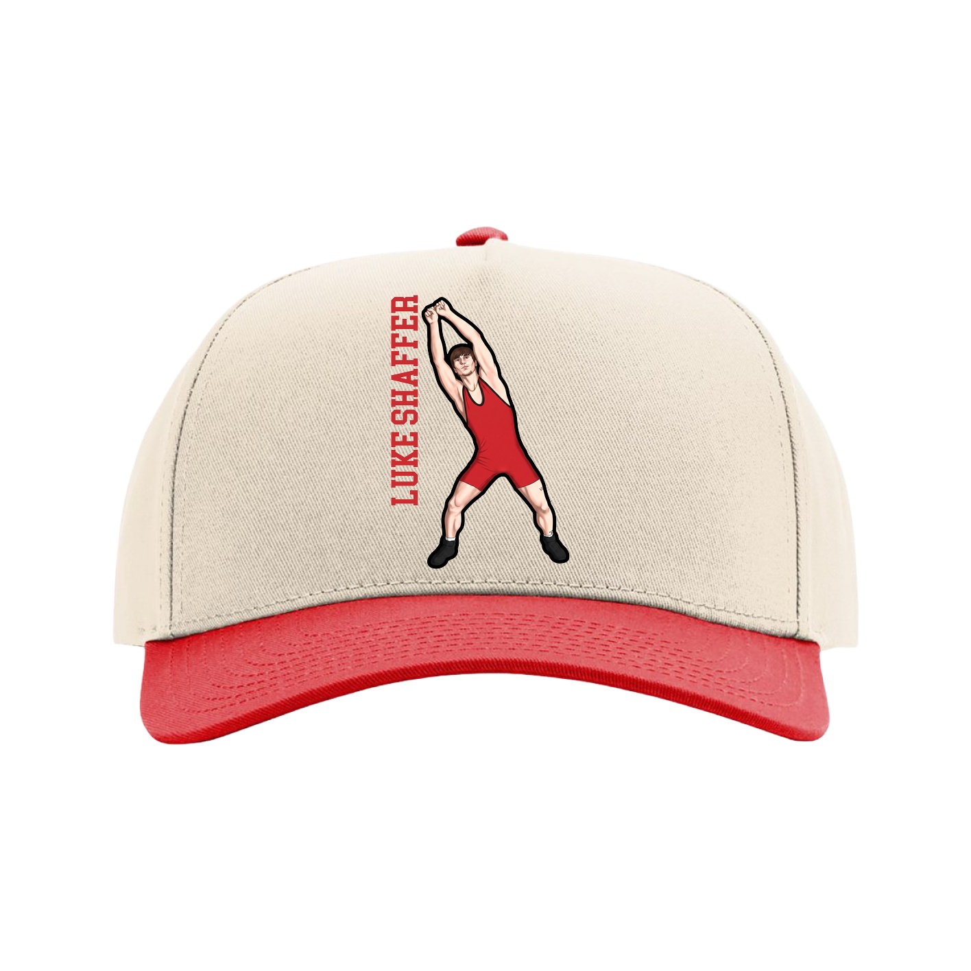 Full Fabric Five-Panel Champ Cap — Name Vertical in Cream/Red