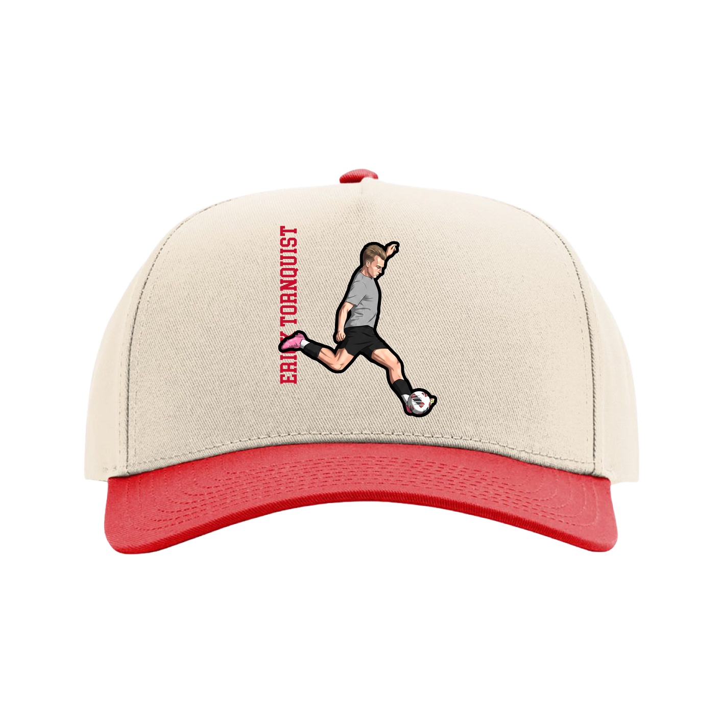 Full Fabric Five-Panel Champ Cap — Name Vertical in Cream/Red