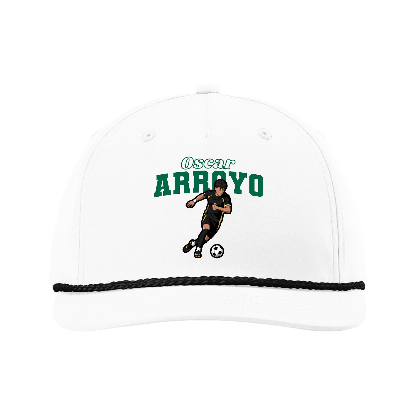Five-Panel Classic Rope Cap — Name Arch in White
