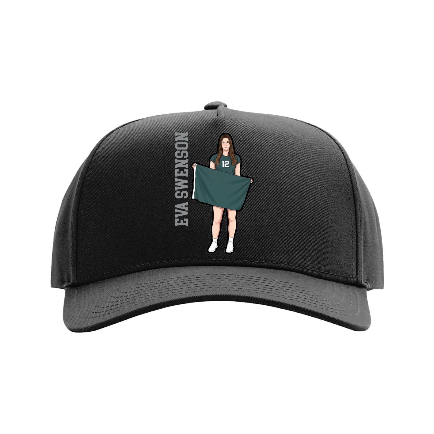 Full Fabric Five-Panel Champ Cap — Name Vertical in Black