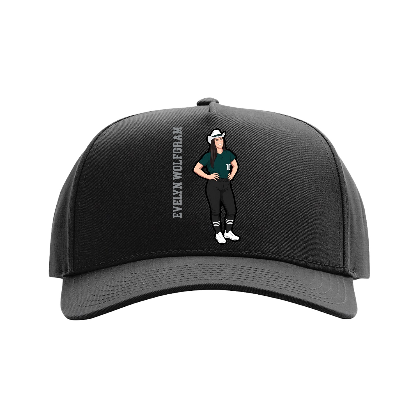 Full Fabric Five-Panel Champ Cap — Name Vertical in Black