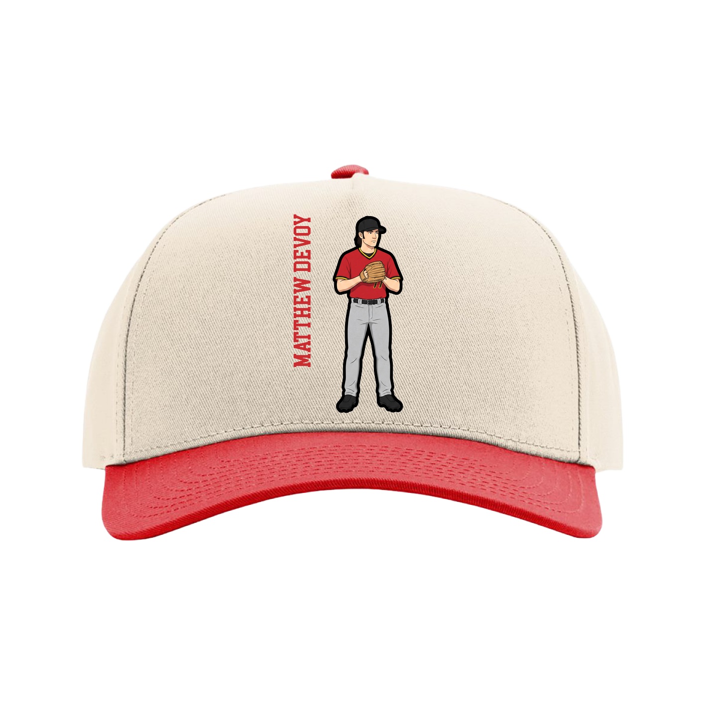 Full Fabric Five-Panel Champ Cap — Name Vertical in Cream/Red