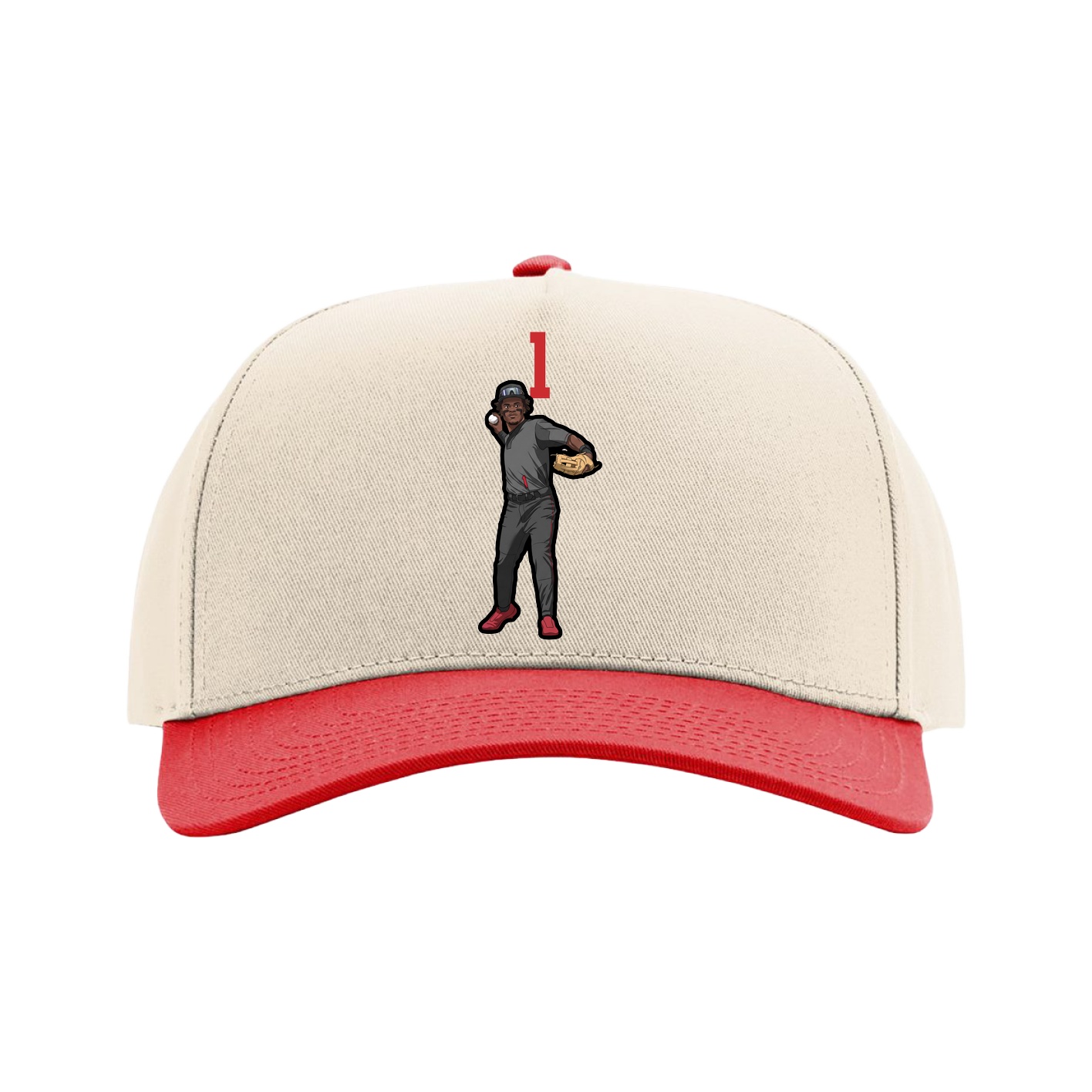 Full Fabric Five-Panel Champ Cap — Number Top in Cream/Red