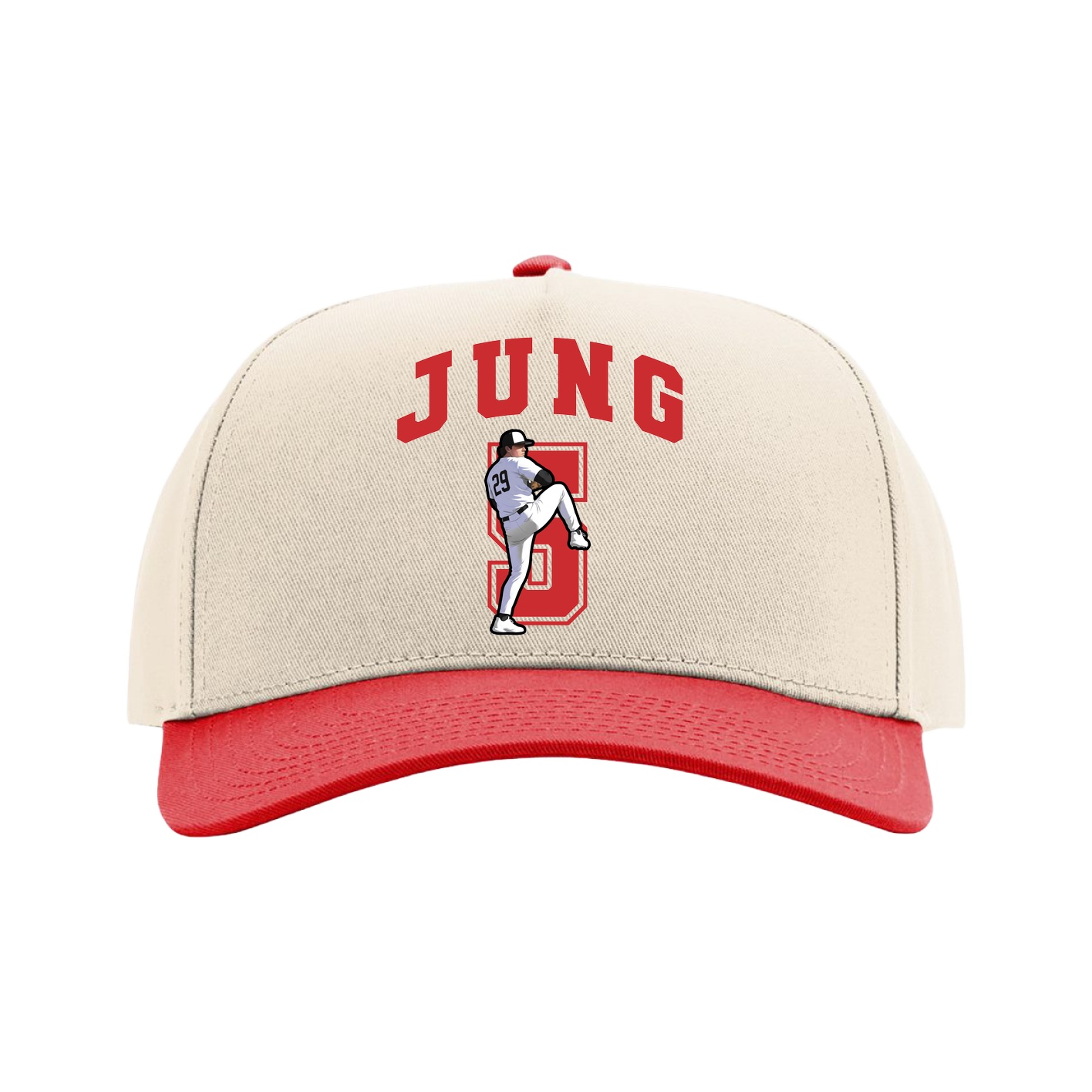 Full Fabric Five-Panel Champ Cap — Number in Cream/Red