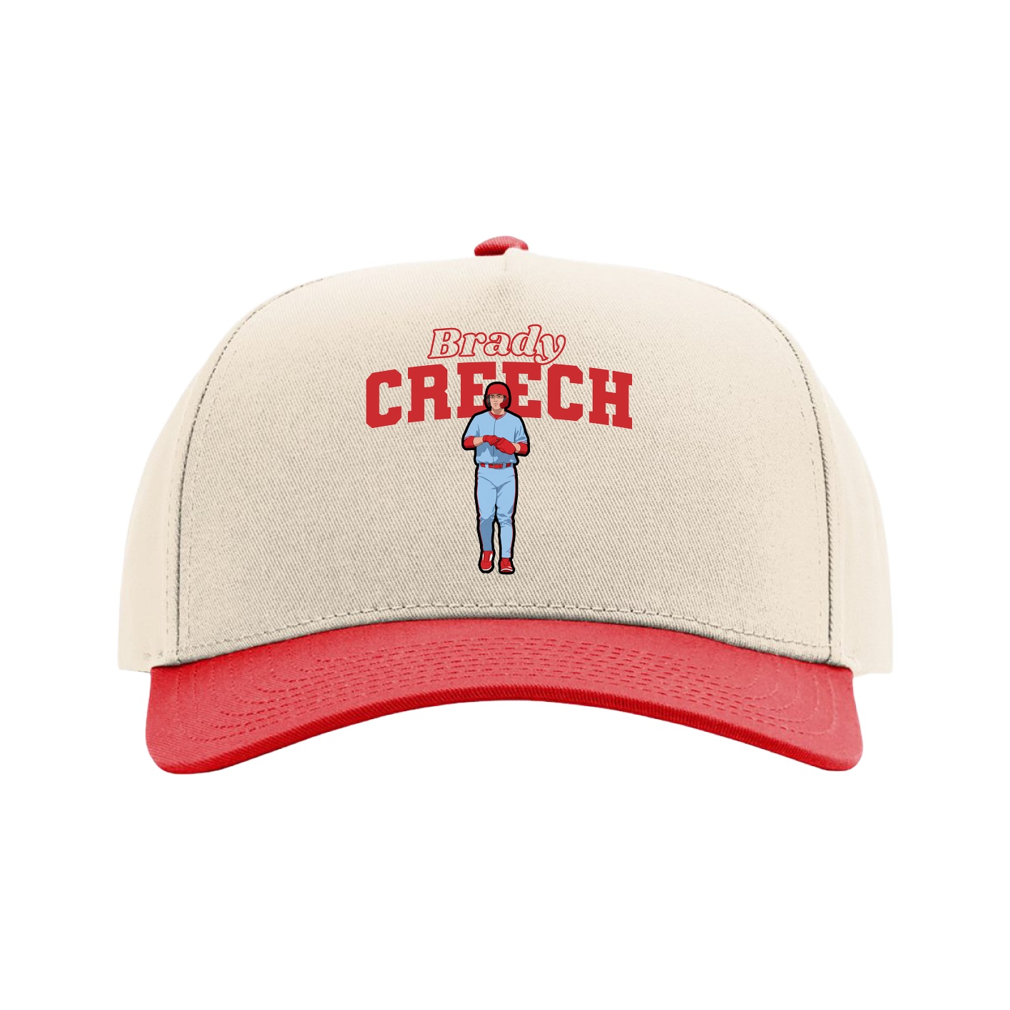 Full Fabric Five-Panel Champ Cap — Name Arch in Cream/Red