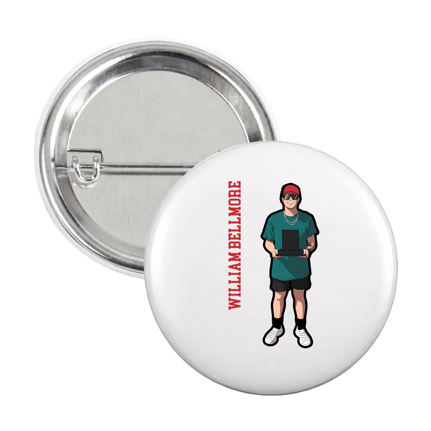Game Day Button — Name Vertical in White