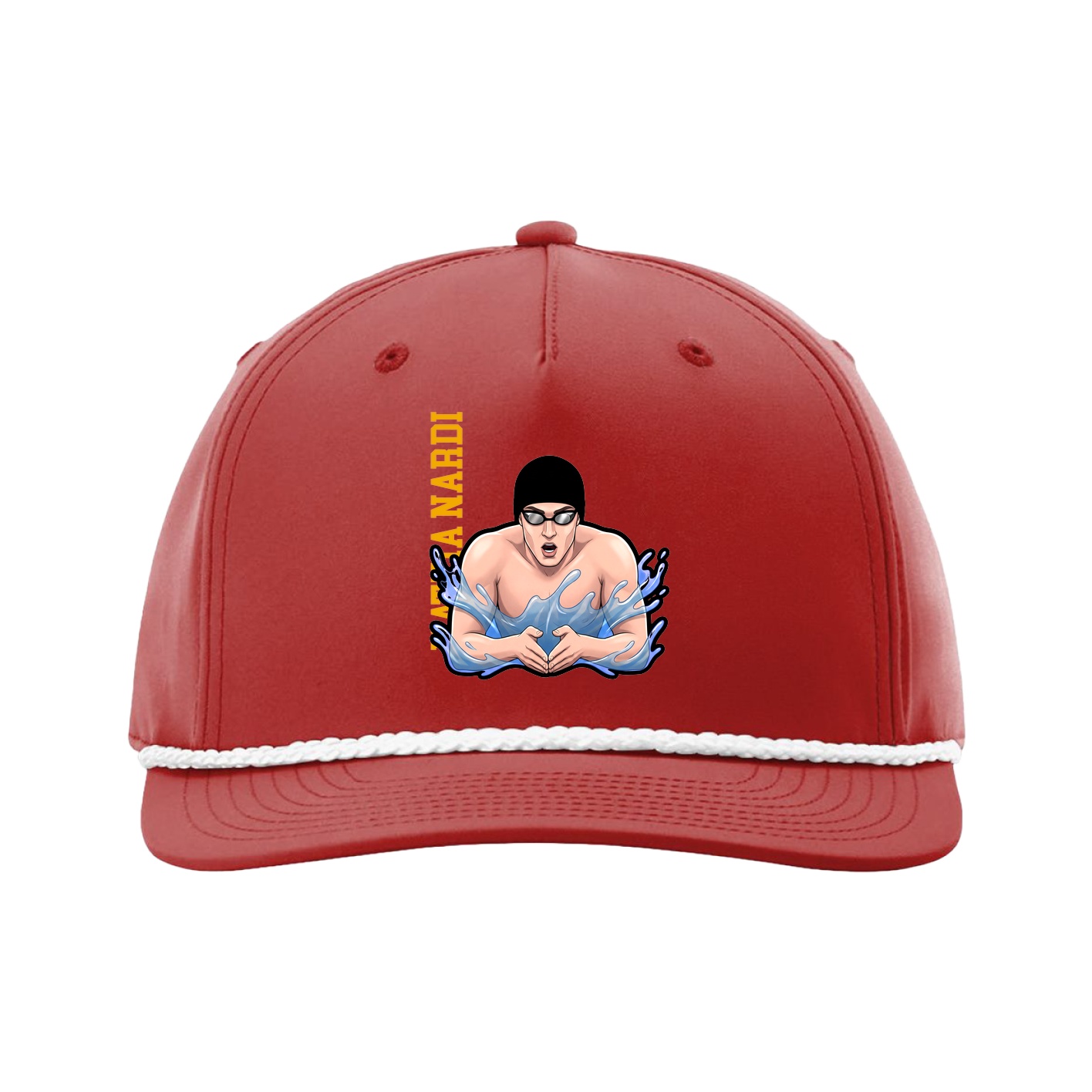 Five-Panel Classic Rope Cap — Name Vertical in Red