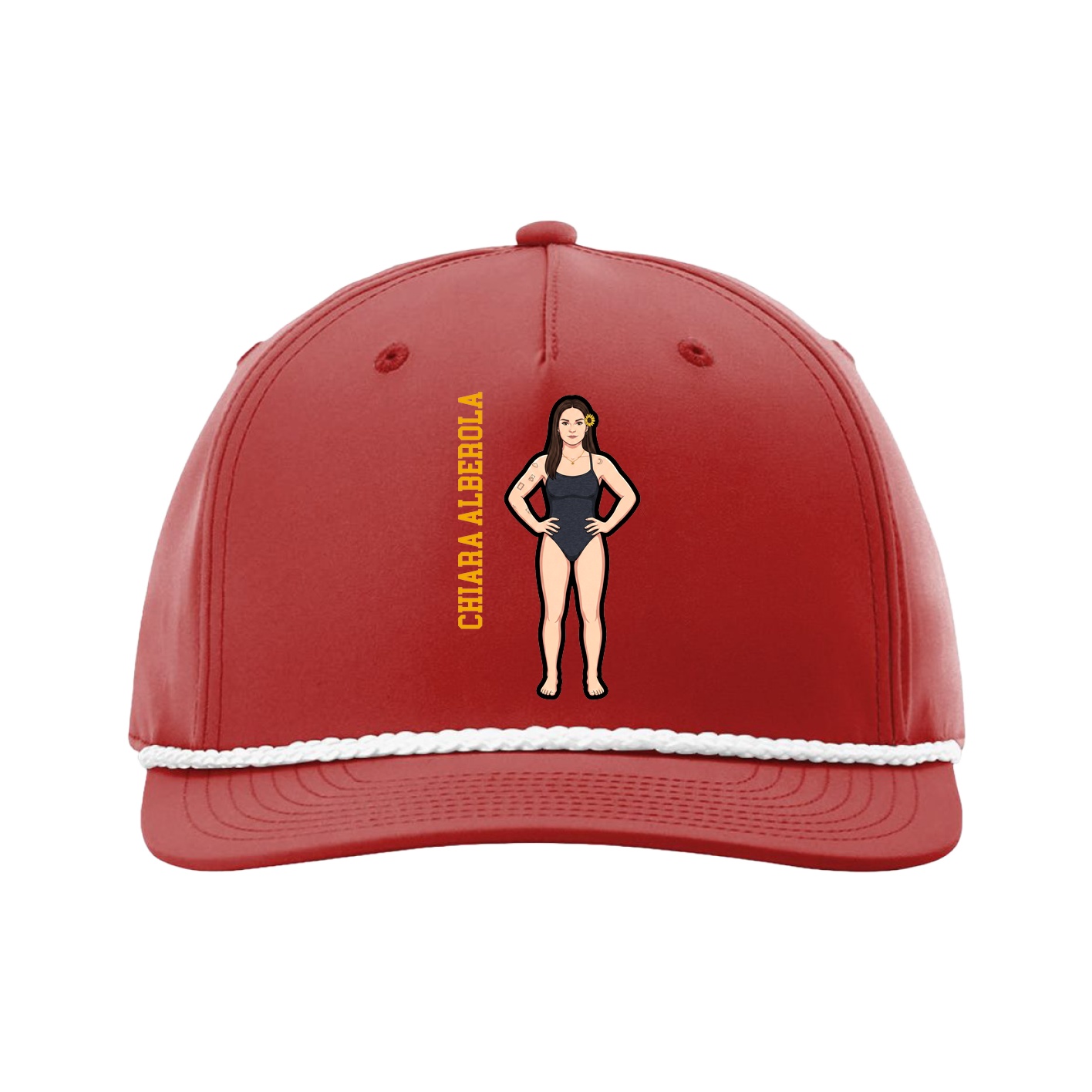 Five-Panel Classic Rope Cap — Name Vertical in Red