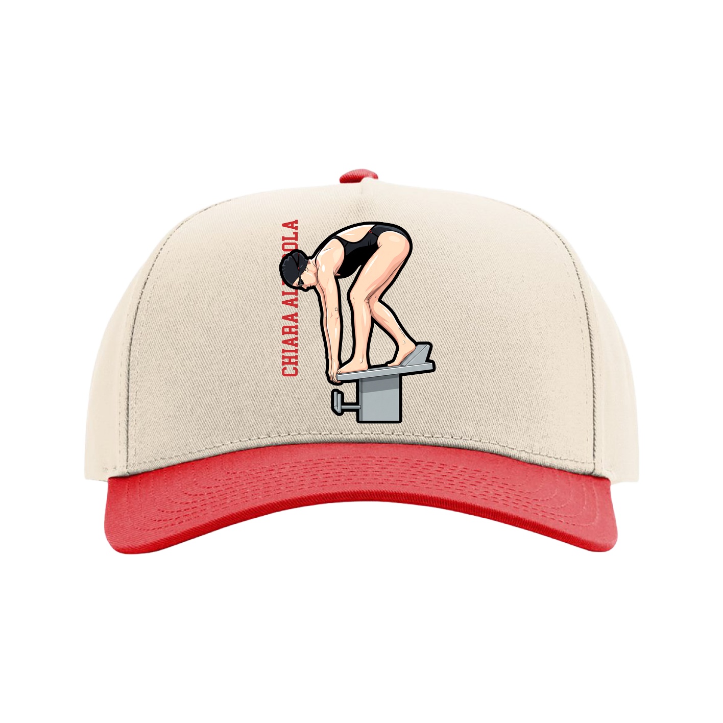Full Fabric Five-Panel Champ Cap — Name Vertical in Cream/Red
