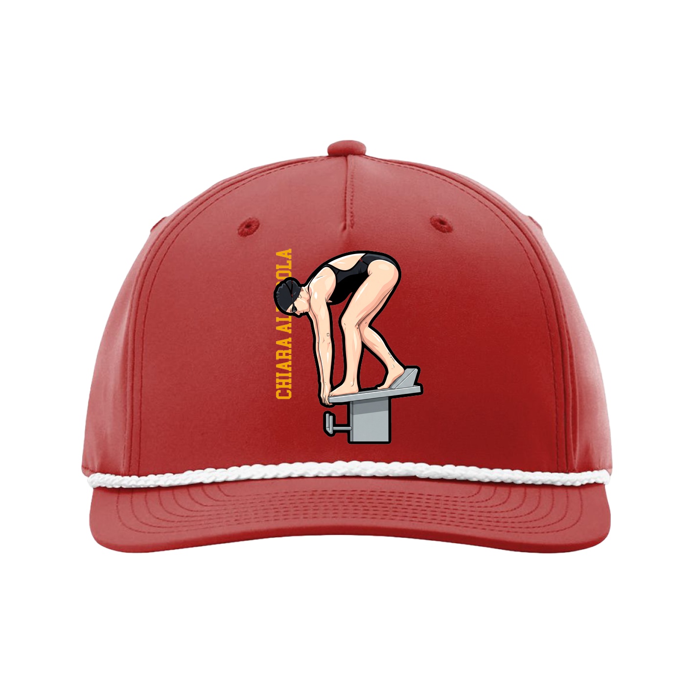 Five-Panel Classic Rope Cap — Name Vertical in Red