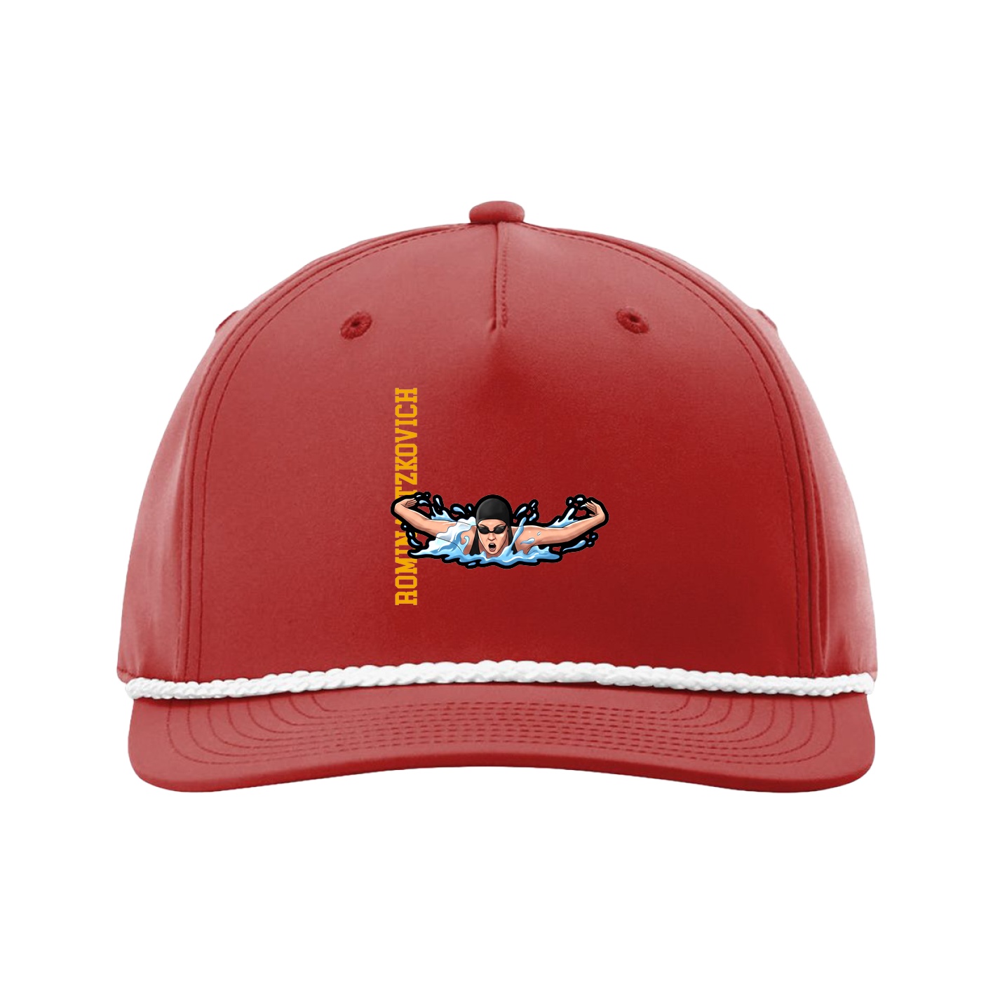 Five-Panel Classic Rope Cap — Name Vertical in Red