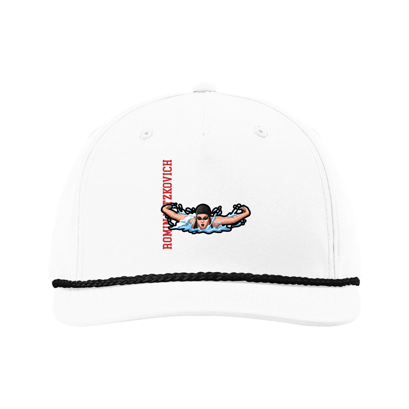 Five-Panel Classic Rope Cap — Name Vertical in White