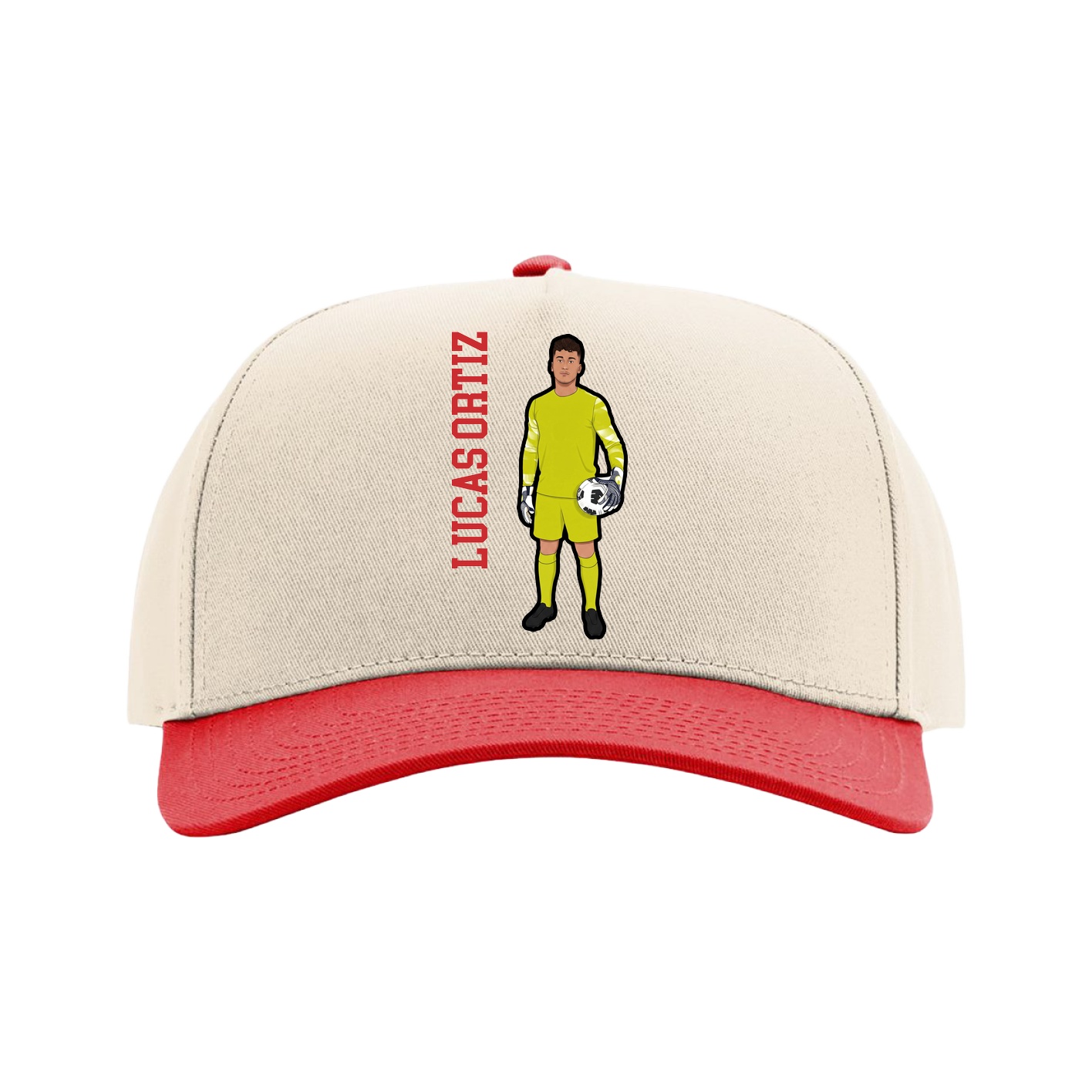 Full Fabric Five-Panel Champ Cap — Name Vertical in Cream/Red