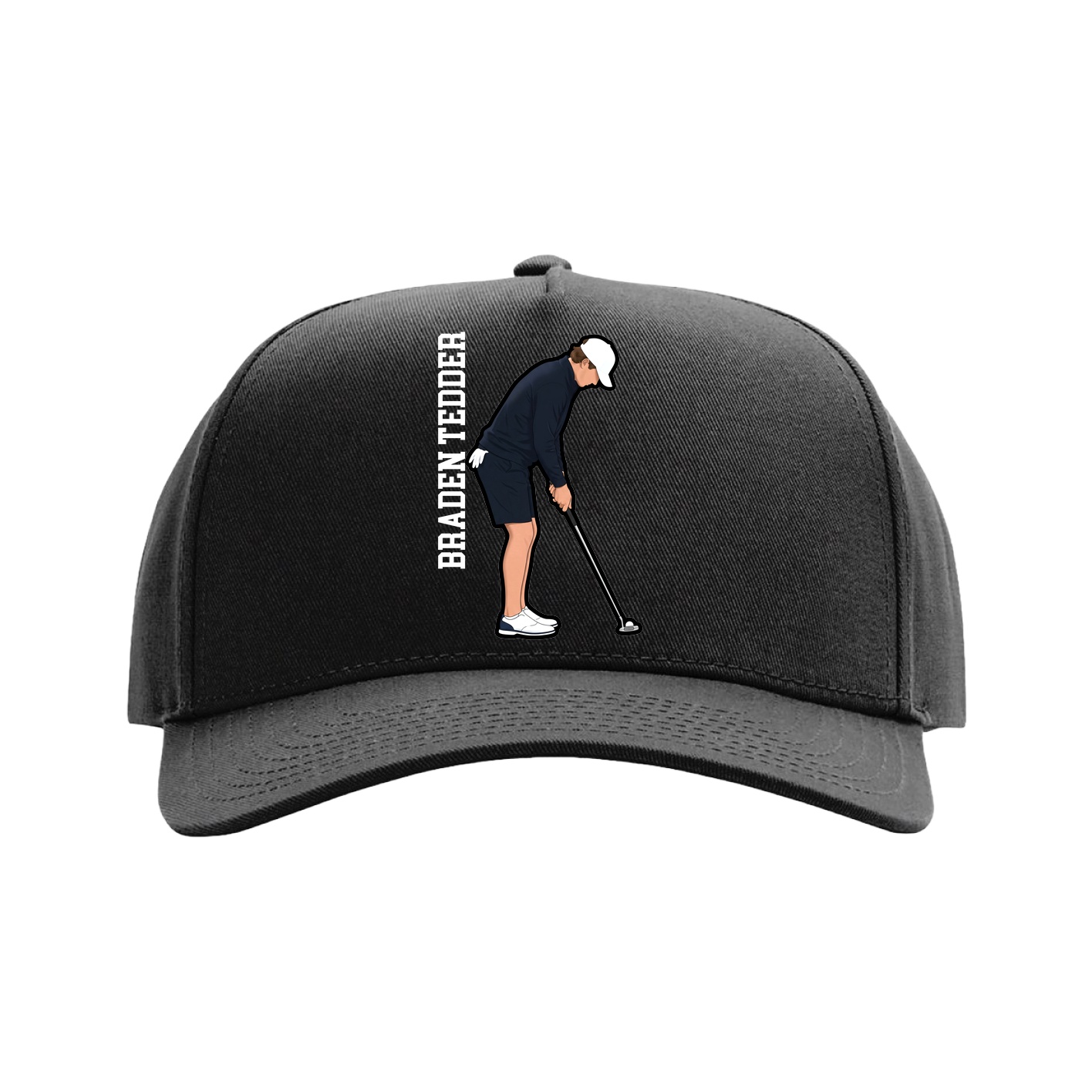 Full Fabric Five-Panel Champ Cap — Name Vertical in Black