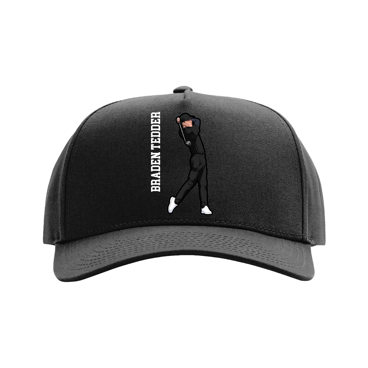Full Fabric Five-Panel Champ Cap — Name Vertical in Black