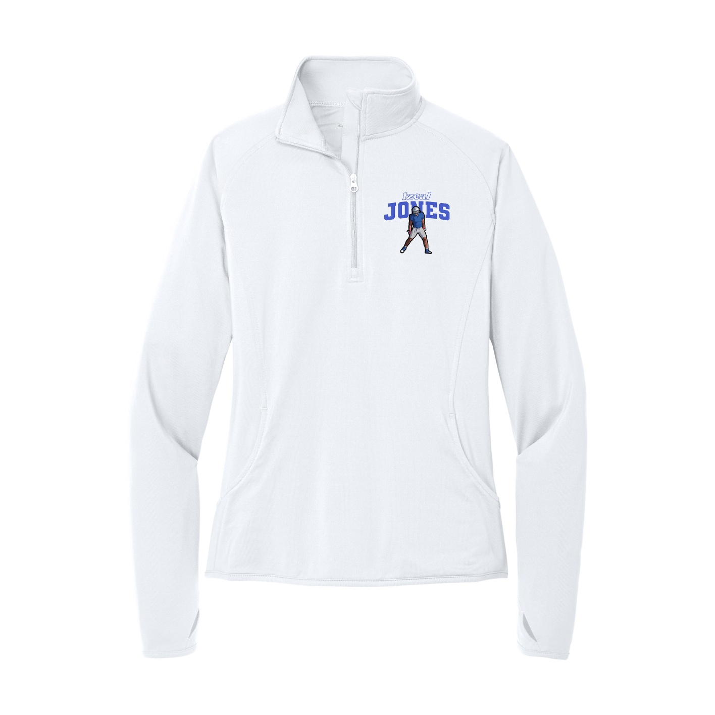 Women's Q-Zip Pullover — Name Arch in White