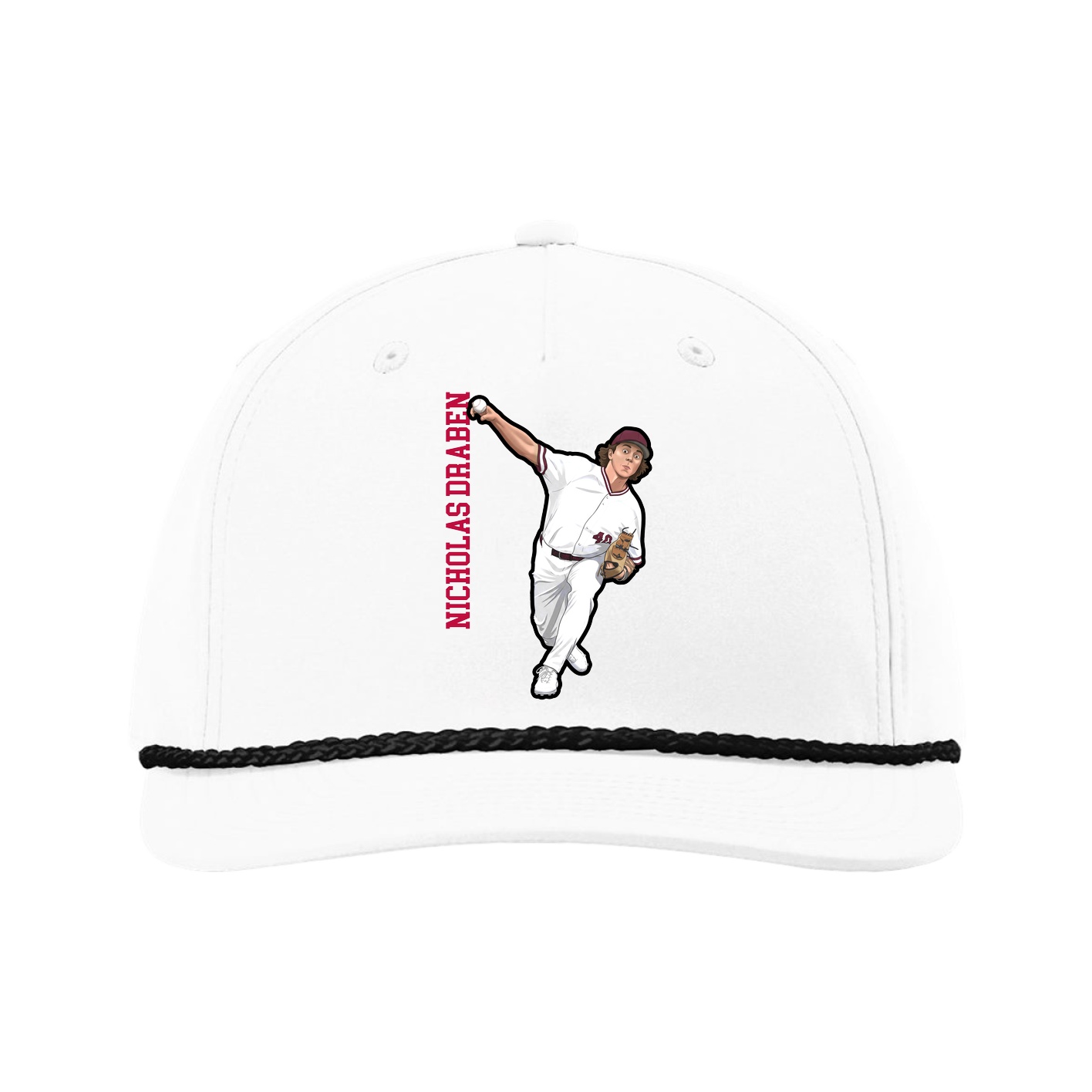 Five-Panel Classic Rope Cap — Name Vertical in White