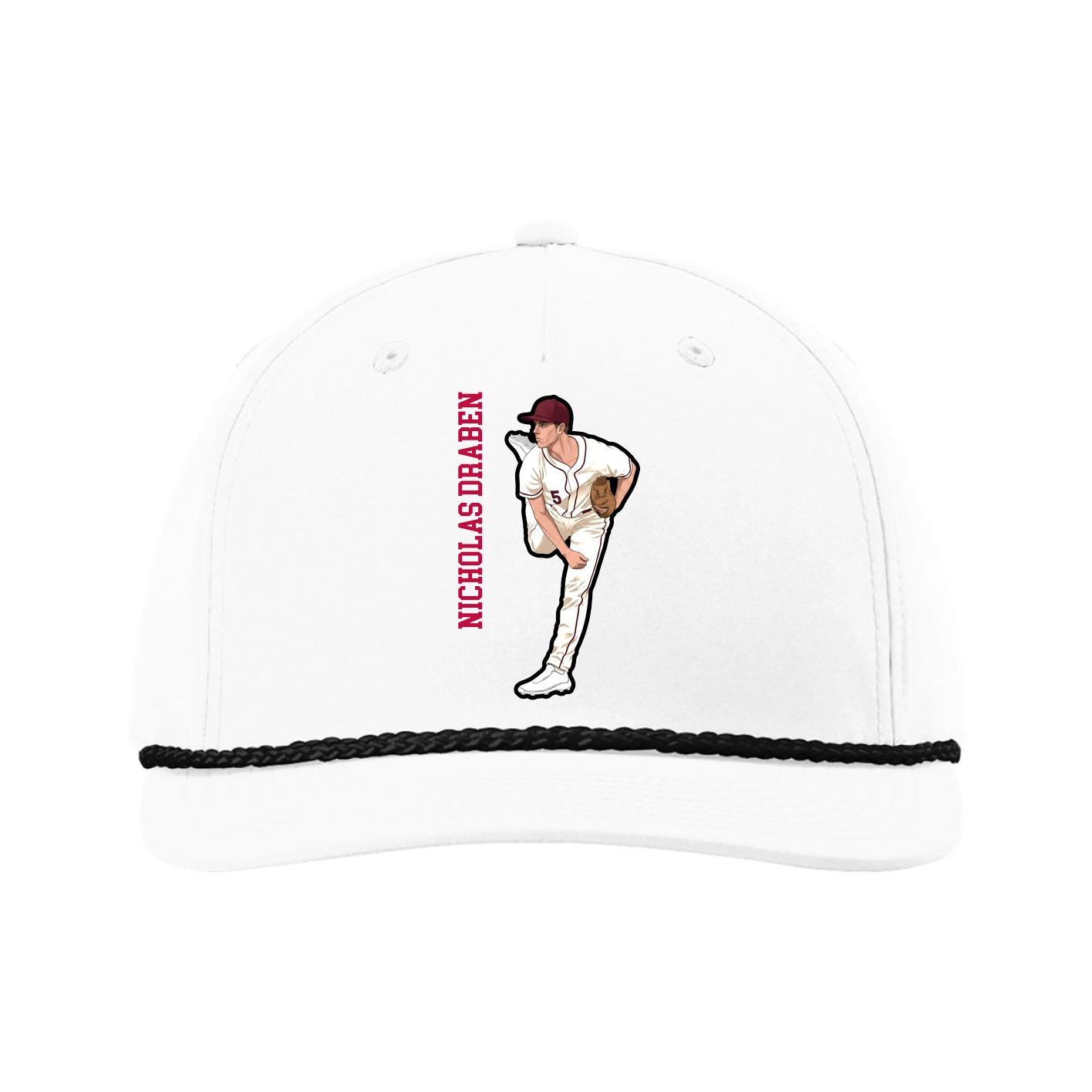 Five-Panel Classic Rope Cap — Name Vertical in White