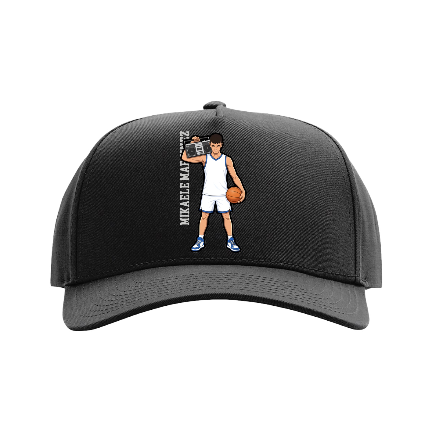 Full Fabric Five-Panel Champ Cap — Name Vertical in Black