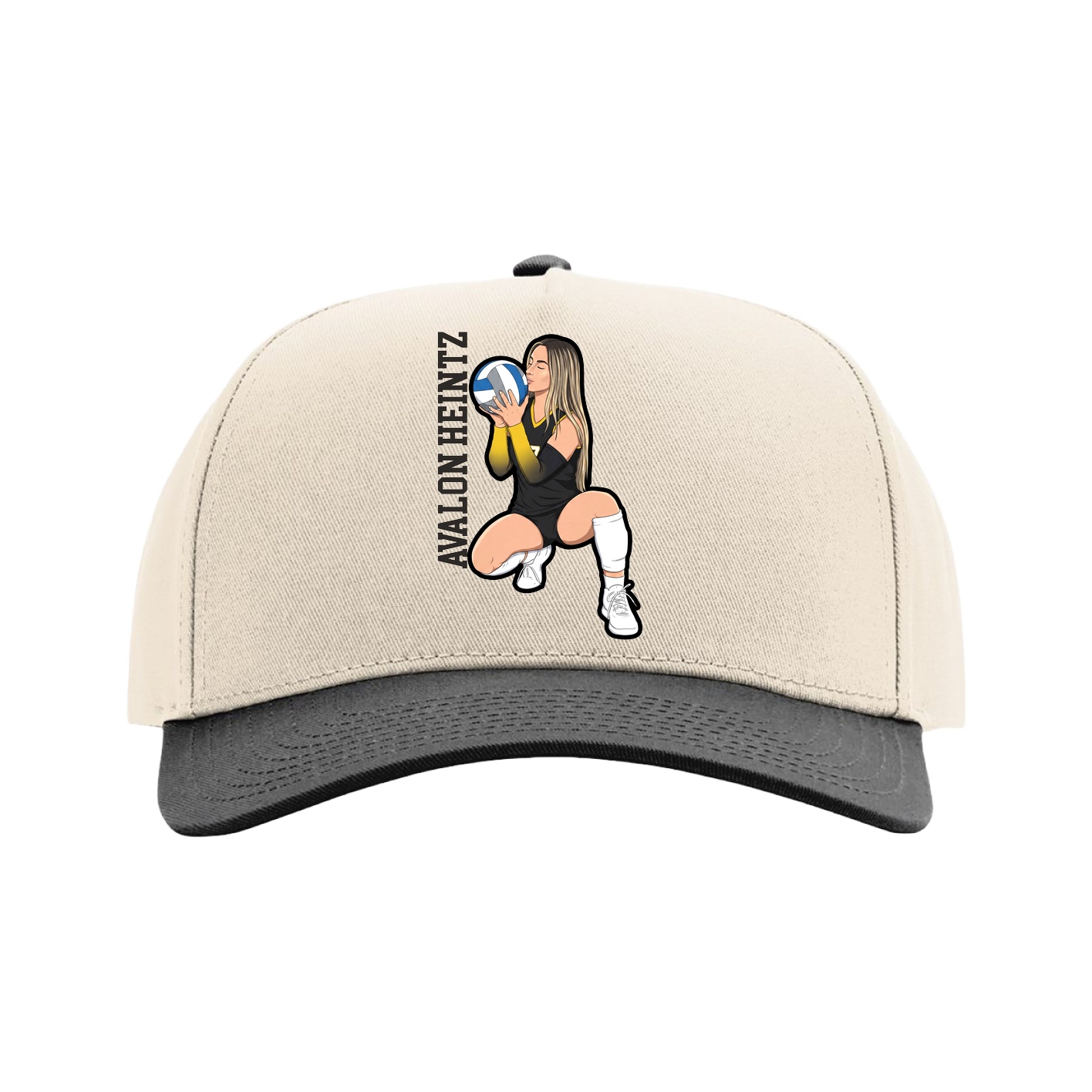 Full Fabric Five-Panel Champ Cap — Name Vertical in Cream/Black