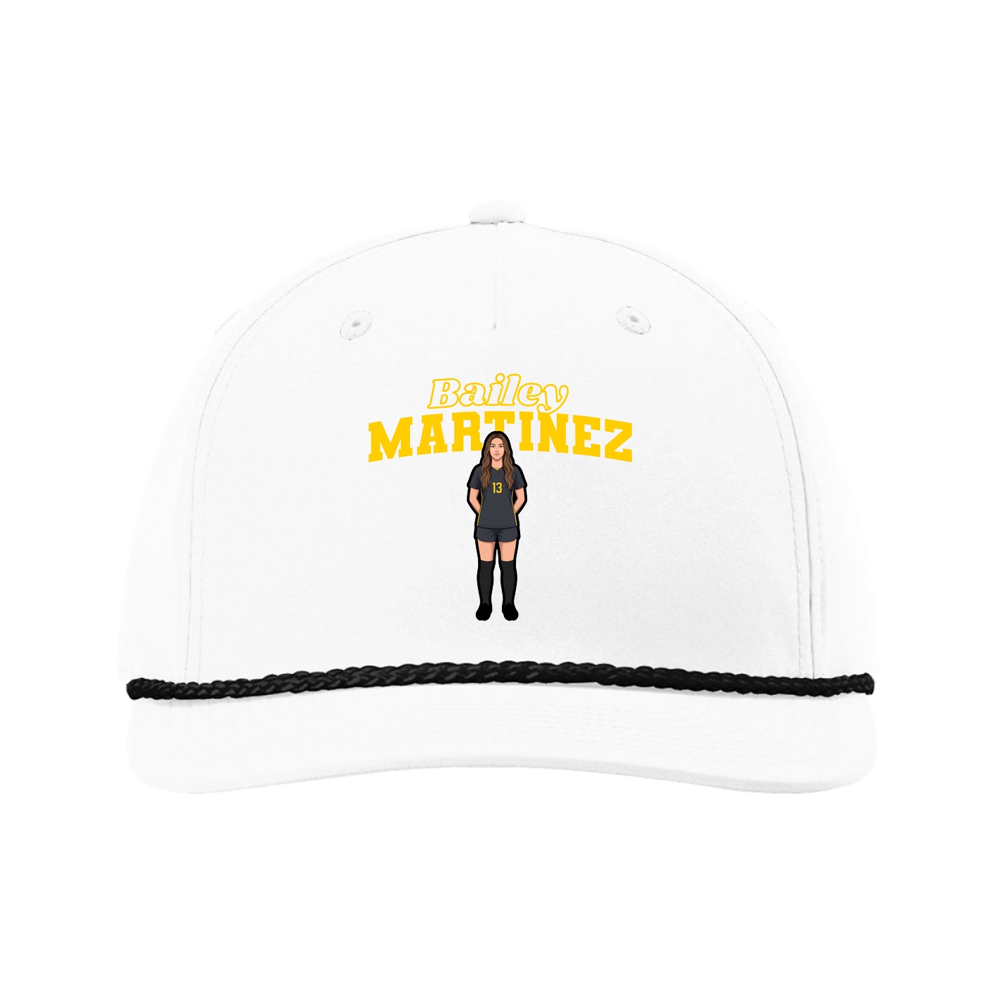 Five-Panel Classic Rope Cap — Name Arch in White
