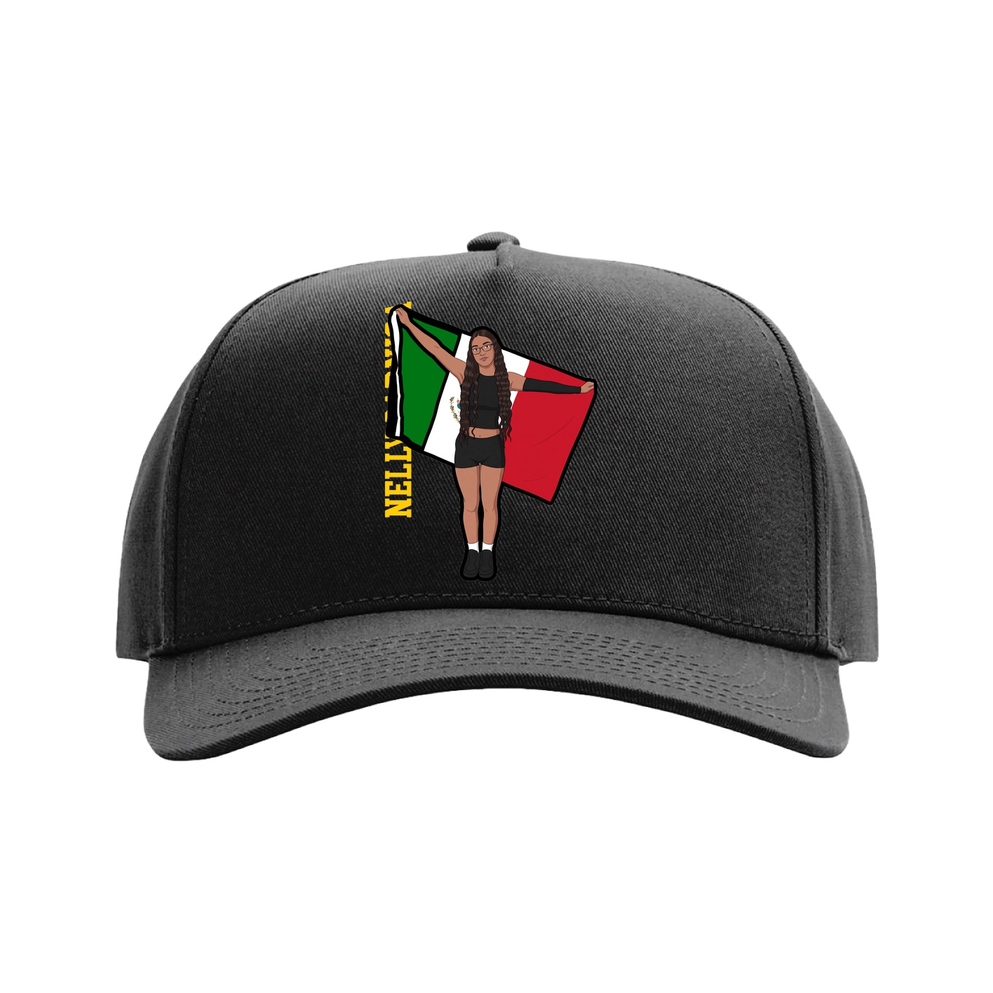 Full Fabric Five-Panel Champ Cap — Name Vertical in Black