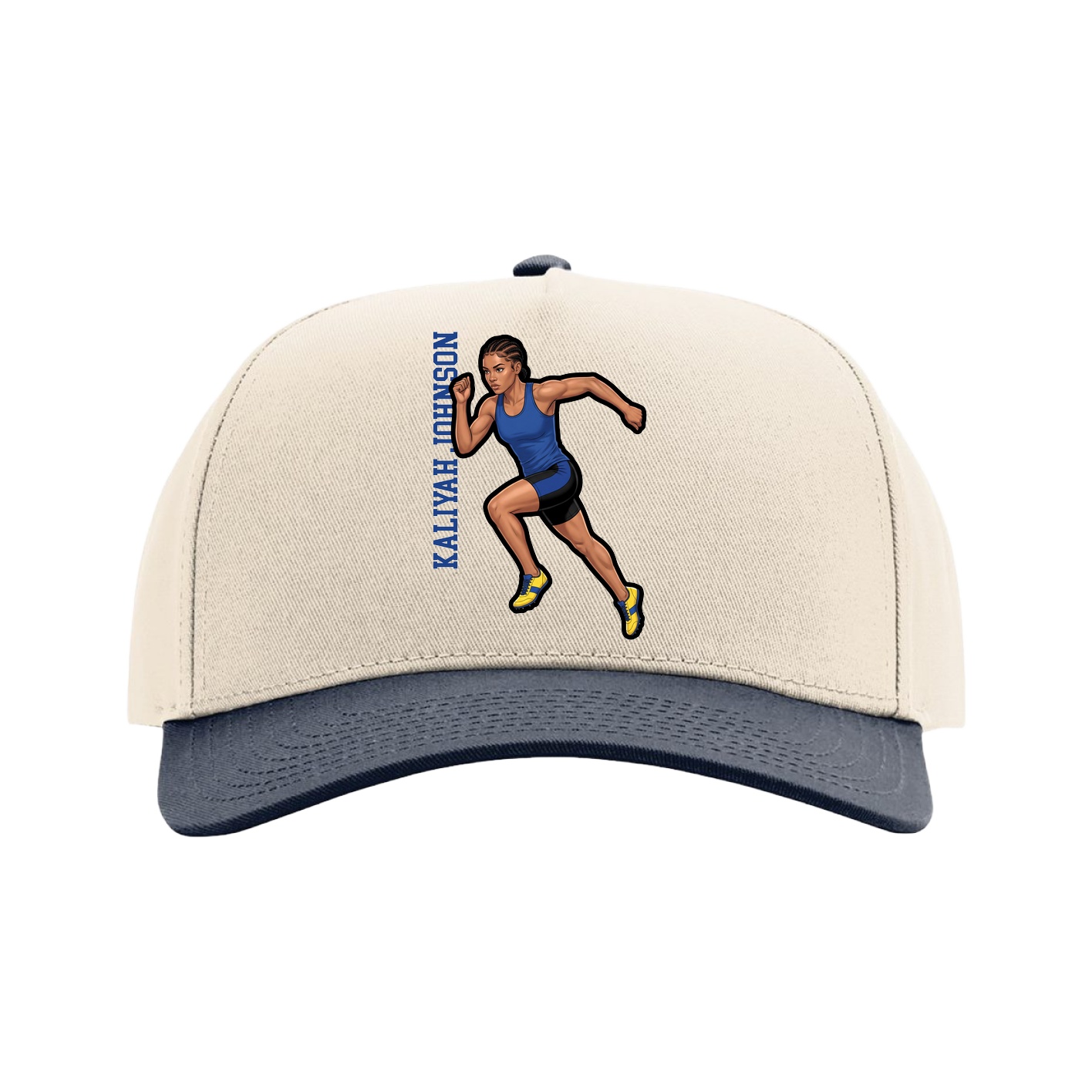 Full Fabric Five-Panel Champ Cap — Name Vertical in Cream/Navy