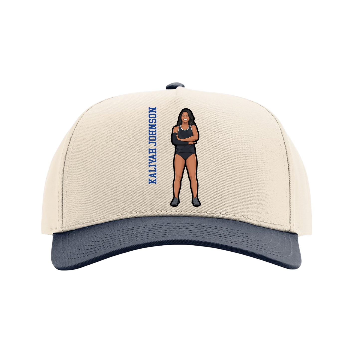 Full Fabric Five-Panel Champ Cap — Name Vertical in Cream/Navy