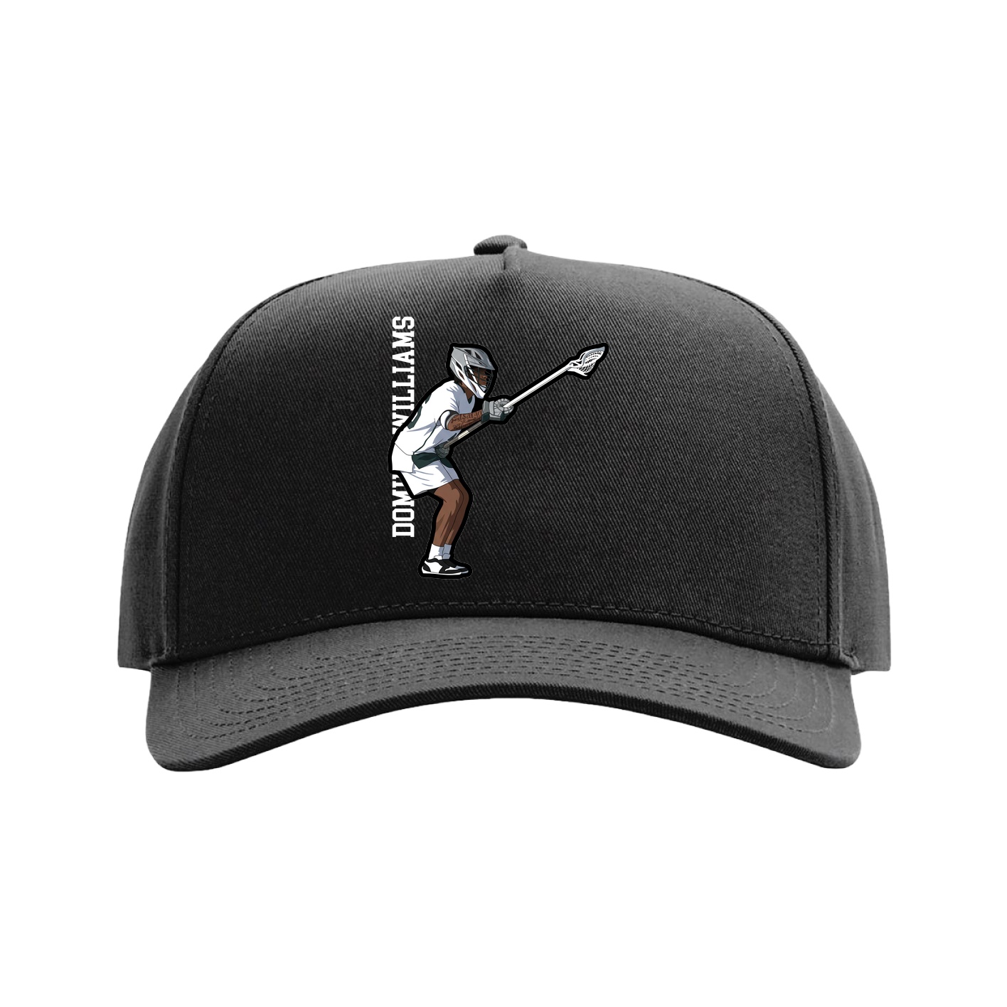 Full Fabric Five-Panel Champ Cap — Name Vertical in Black